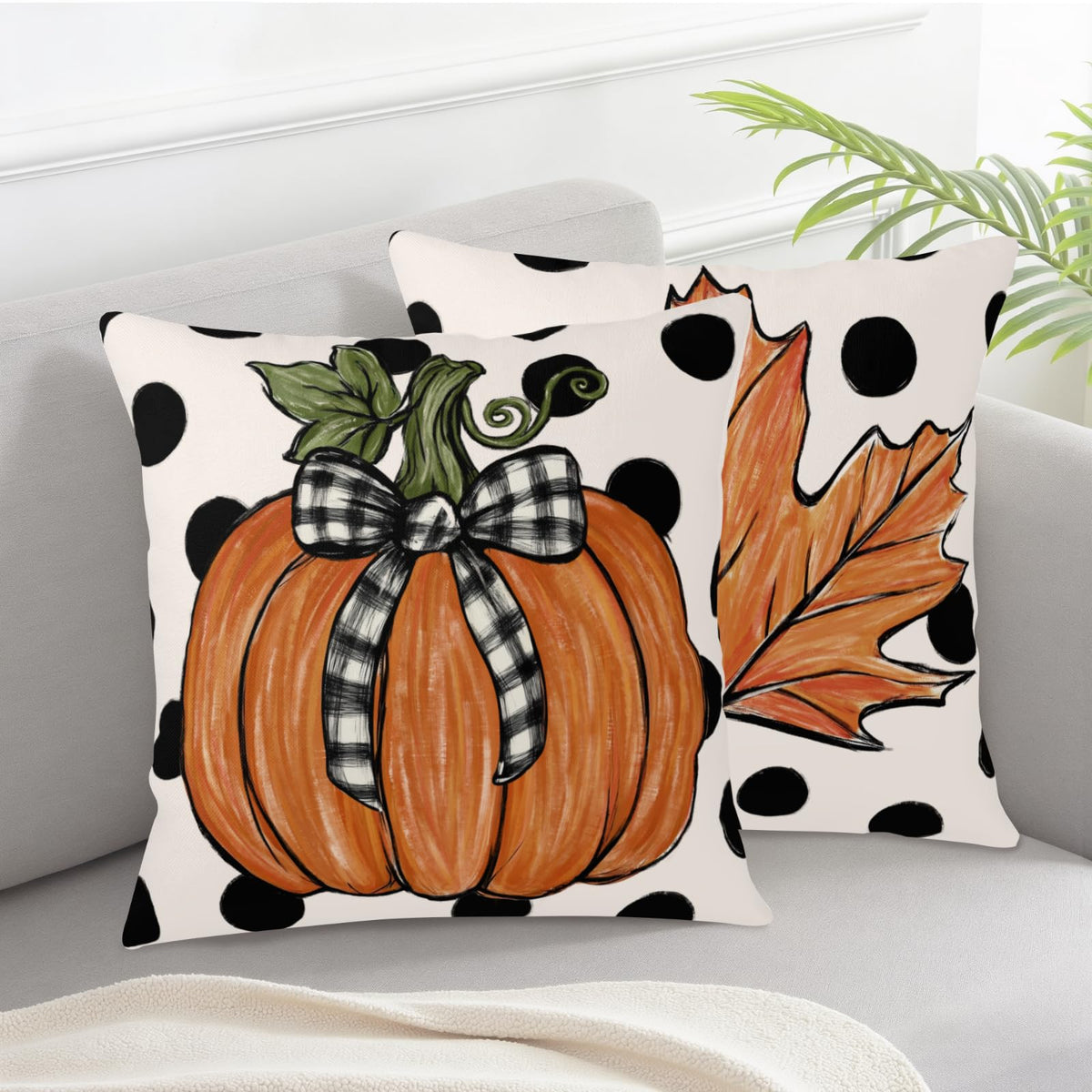 Fall Pillow Covers 24x24 Set of 2 Pumpkin Maple Leaf Polka Dots Outdoo Throw Pillow Cases Autumn Thanksgiving Holiday
