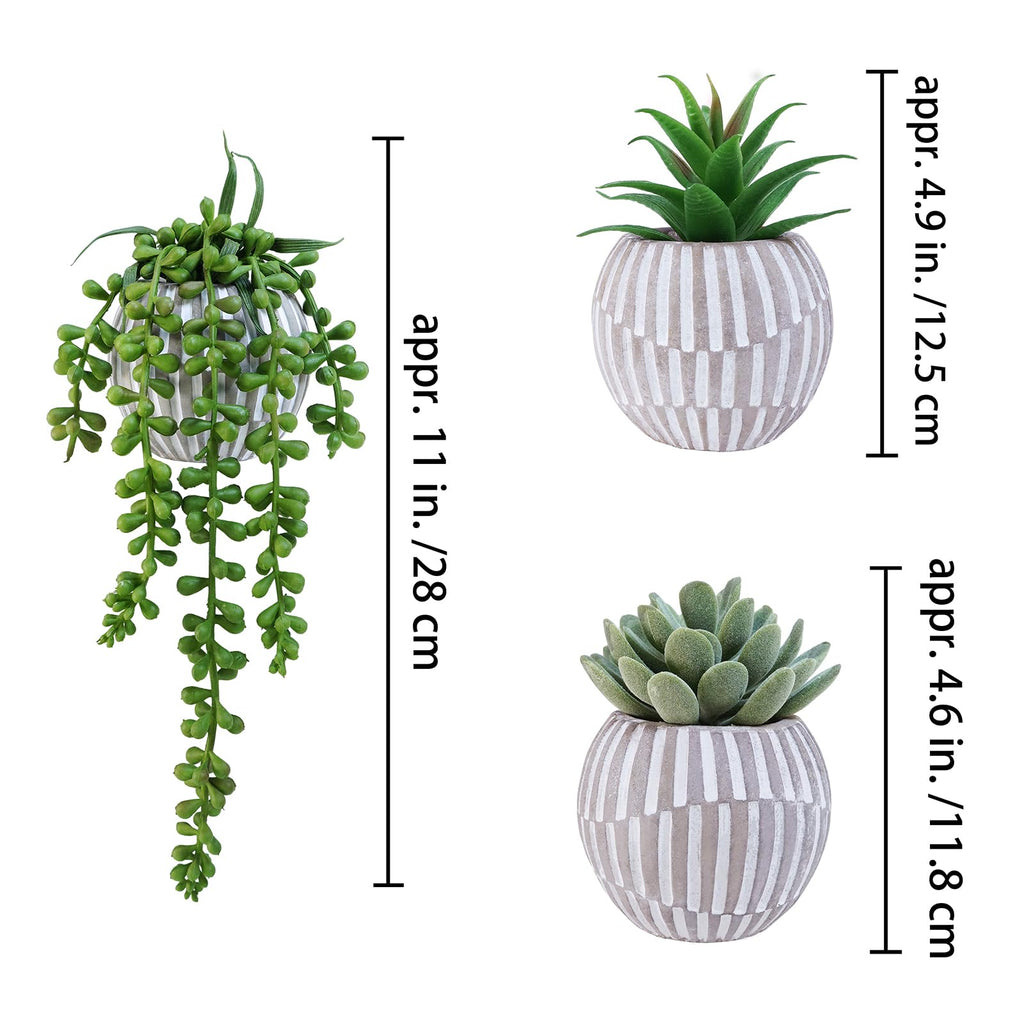 3 Pack Artificial Succulent Plants in Gray Geometric Concrete Pots Fake Aloe Echeveria String of Pearls Succulents