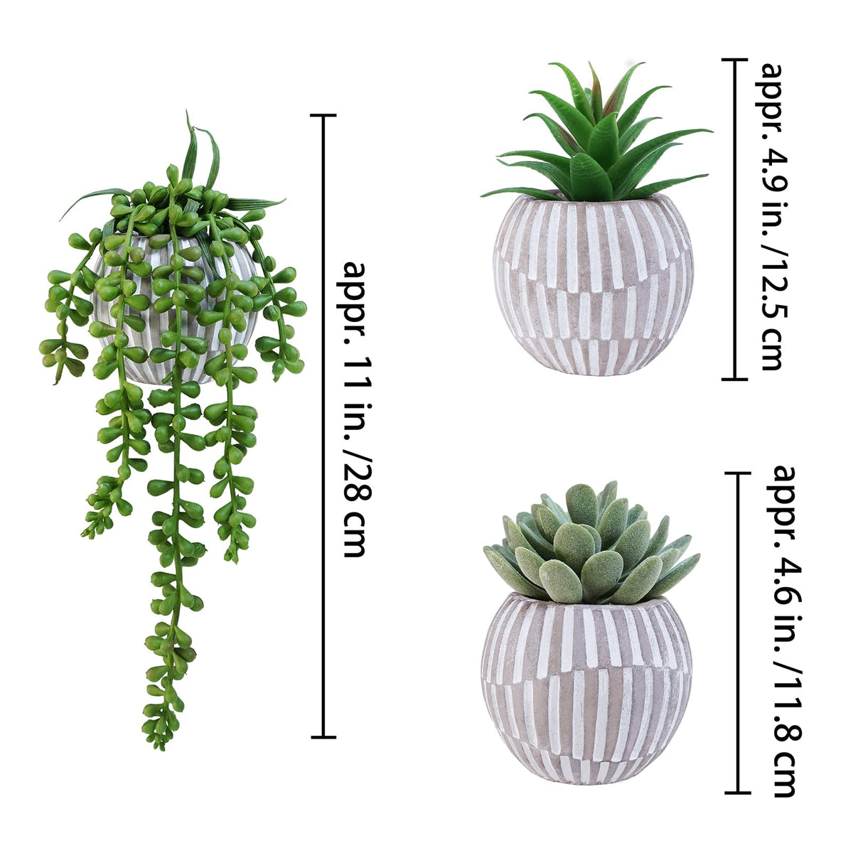 3 Pack Artificial Succulent Plants in Gray Geometric Concrete Pots Fake Aloe Echeveria String of Pearls Succulents