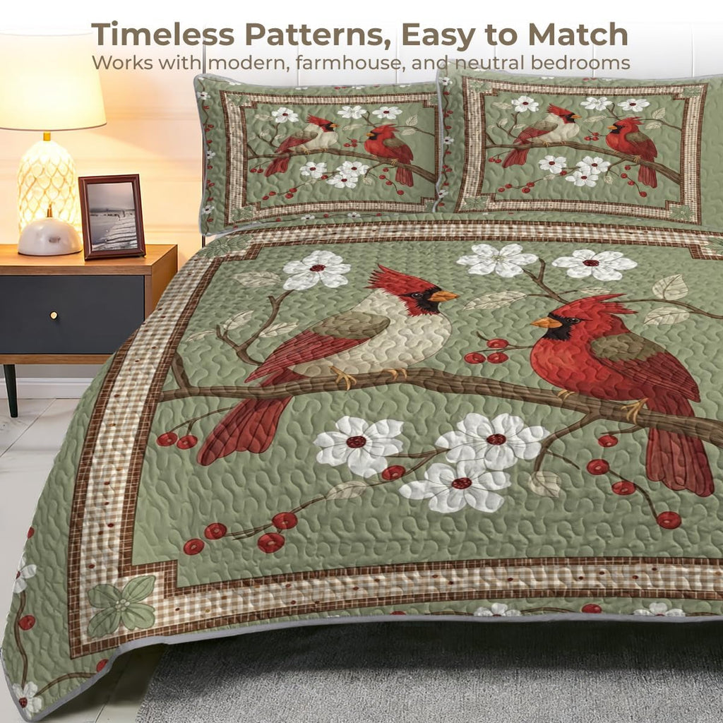 Cardinal Bird Quilt Set Size Farmhouse Floral Country Bedding with Sage Green Background Gingham Border