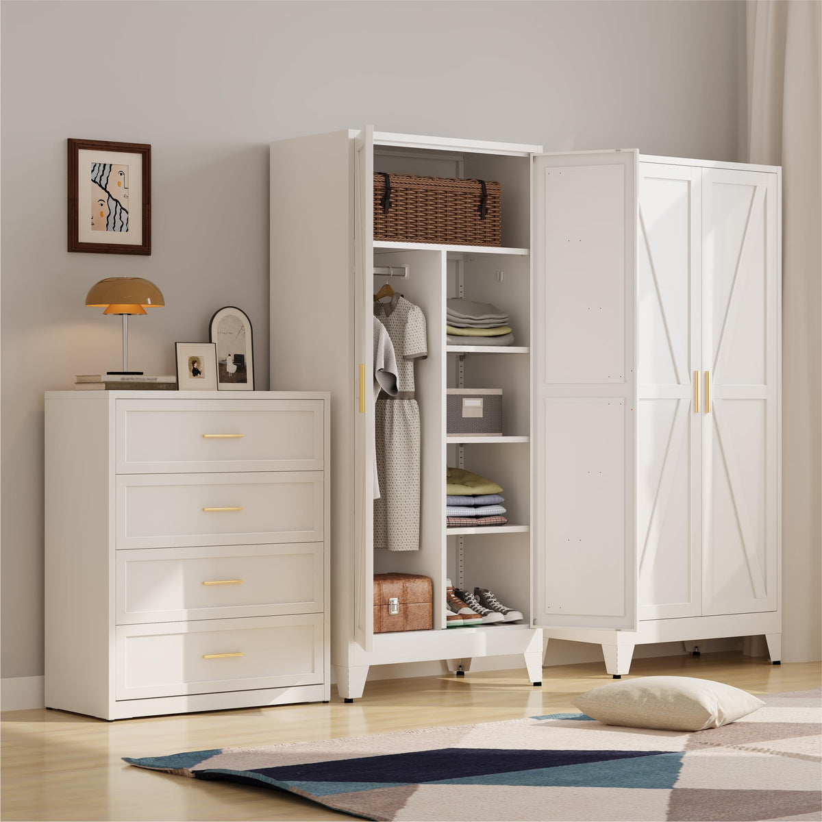 Metal Armoire Wardrobe Closet, Bedroom Armoires with Hanging Rod