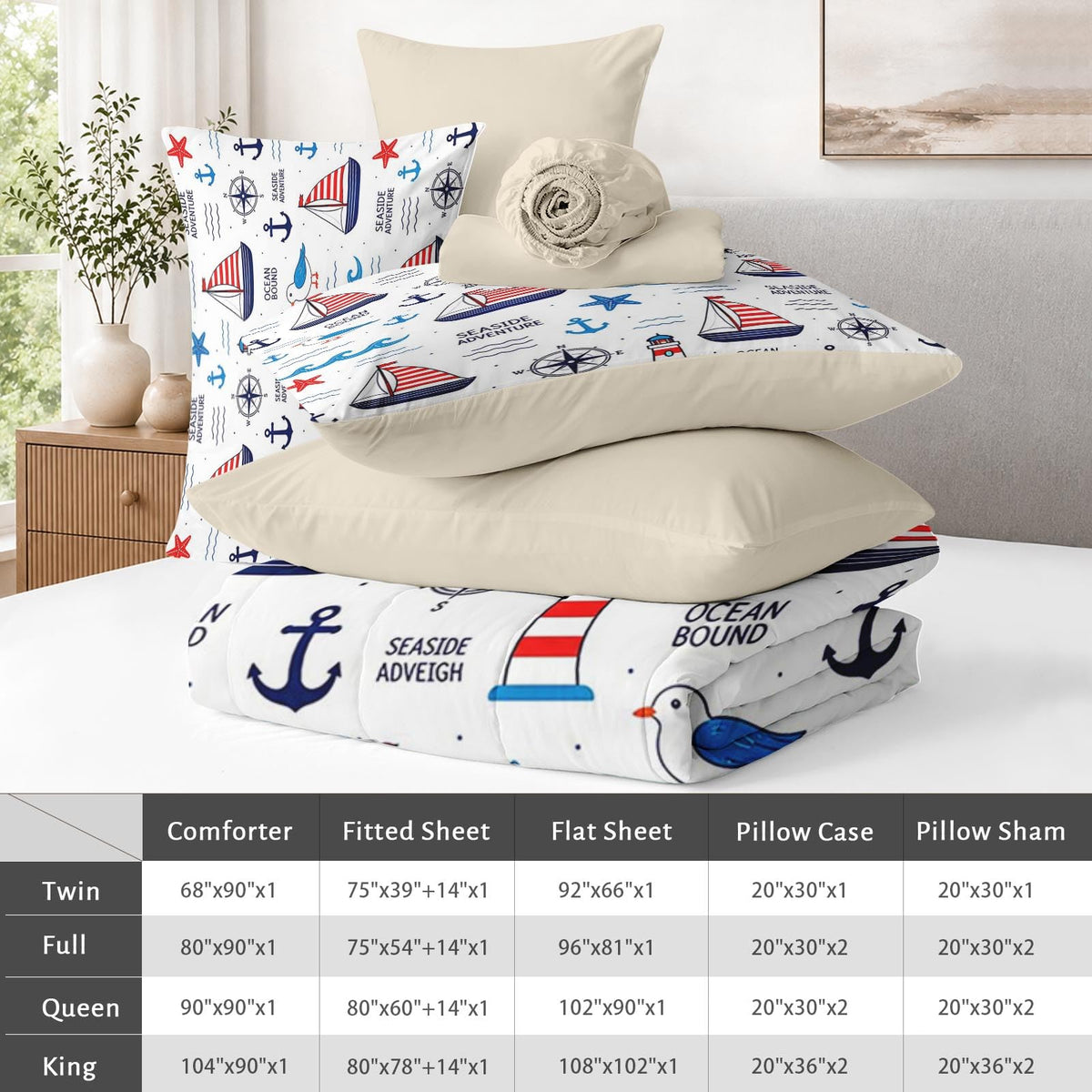 Comforter Set with Sheets, 7 Pieces Beach Ocean Bedding