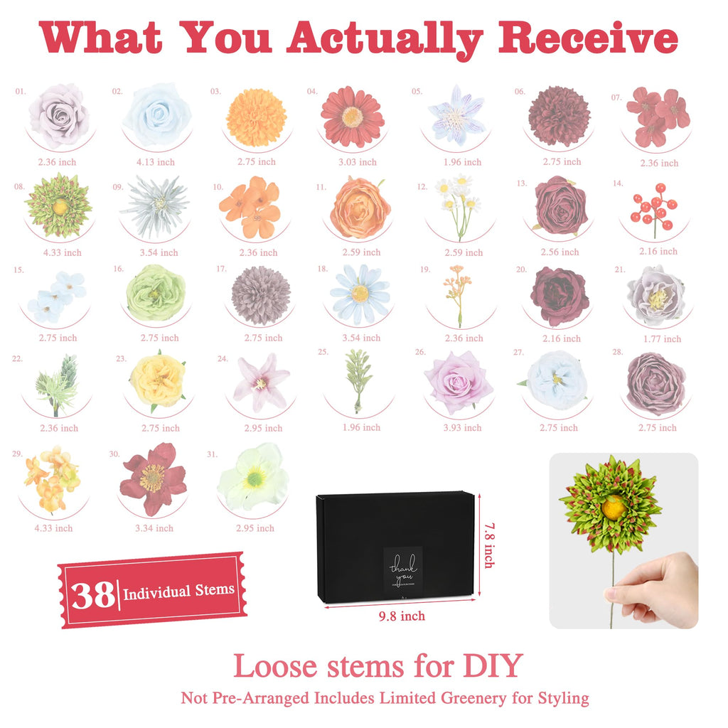 Artificial Flower Box, 38PCS Silk Floral Stems, Multi Color