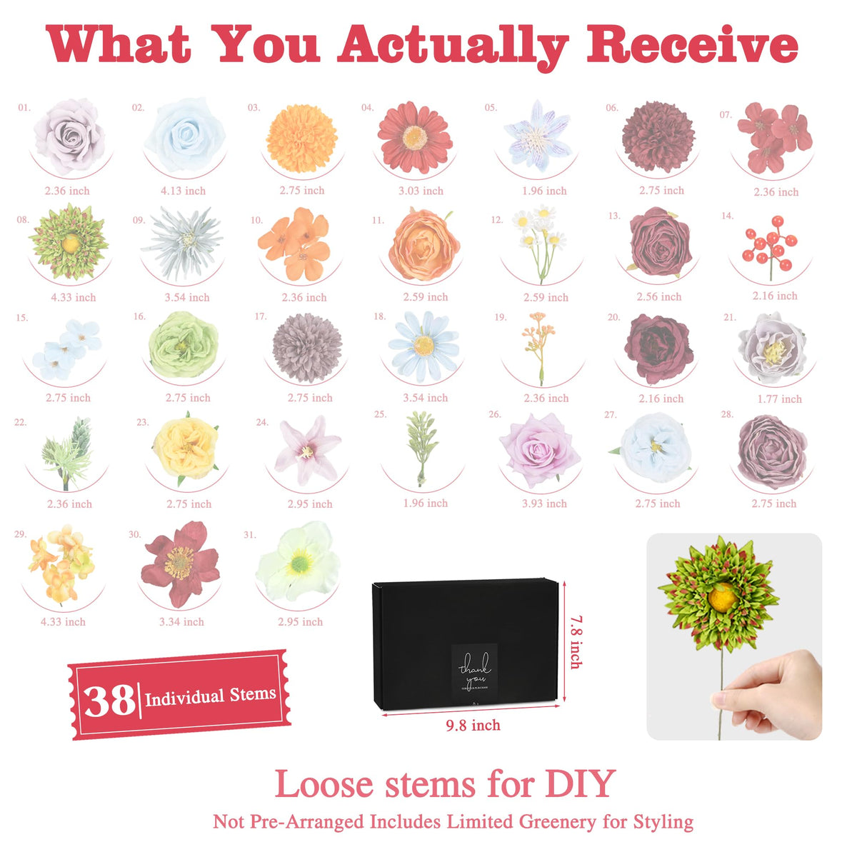 Artificial Flower Box, 38PCS Silk Floral Stems, Multi Color