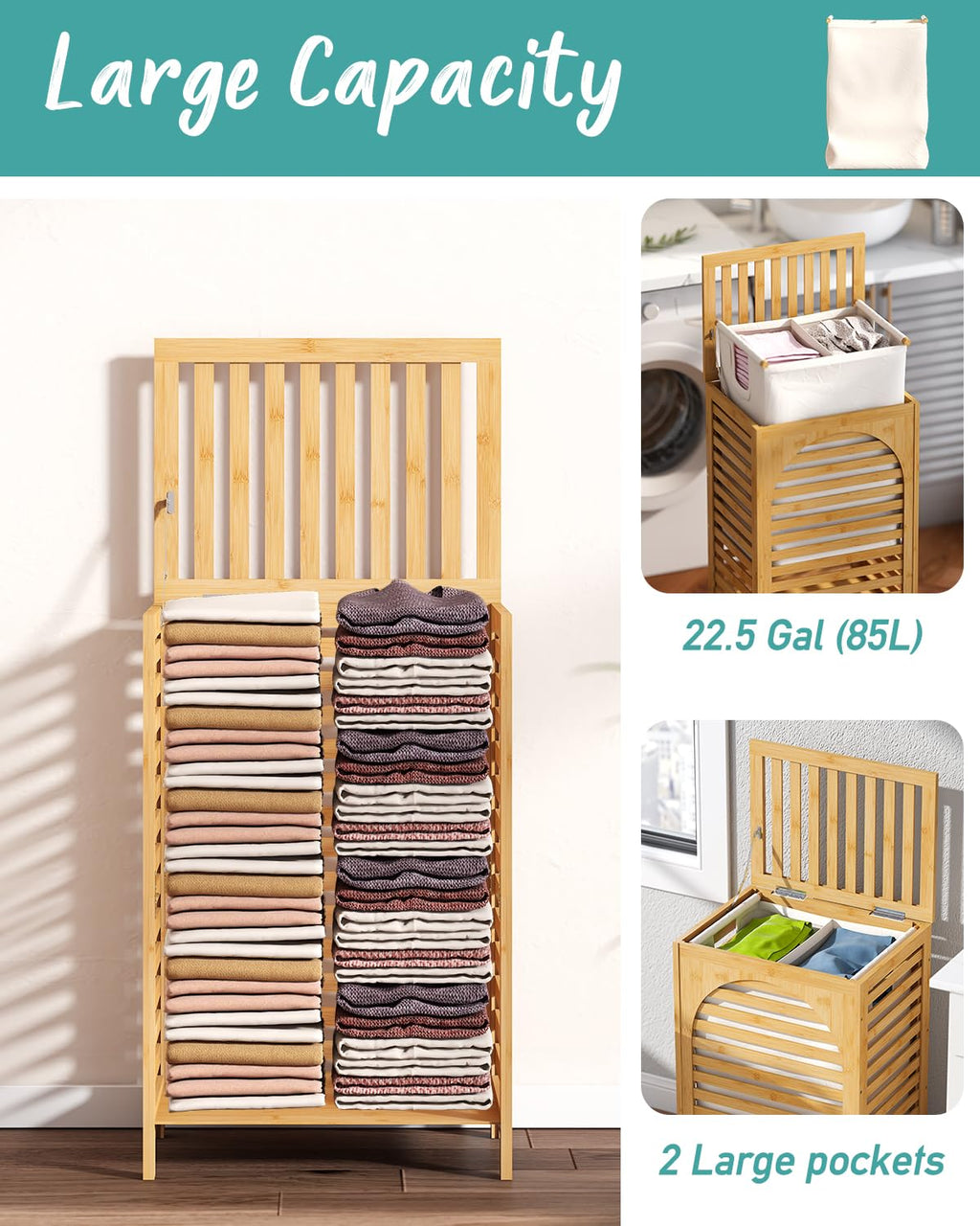 Hamper, 22.5 Gallon (85L) Bamboo Wood Clothes Laundry Basket with Lid and Handles, Removable Liner (Natural, Large)