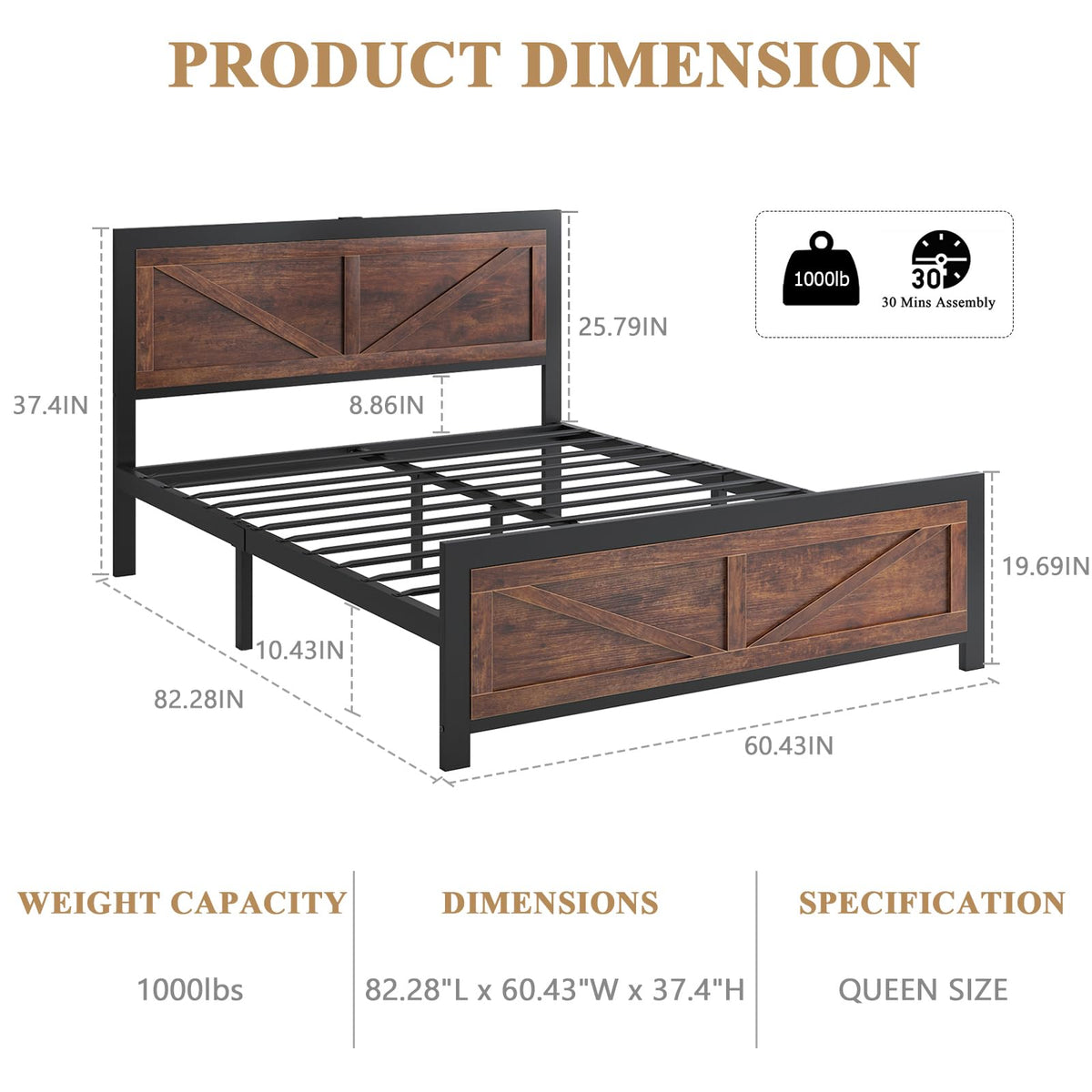 Led Bed Frame with USB Charging Station, Industrial Platform Bed Frame with Farmhouse Barn Door Headboard