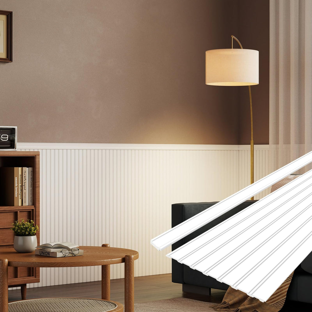 Wall Wainscoting Panel Kit,8-Pack 38.6"x9.8"(98x25cm) Slat Panels with 2-Pack Molding Trims,Beadboard Board and
