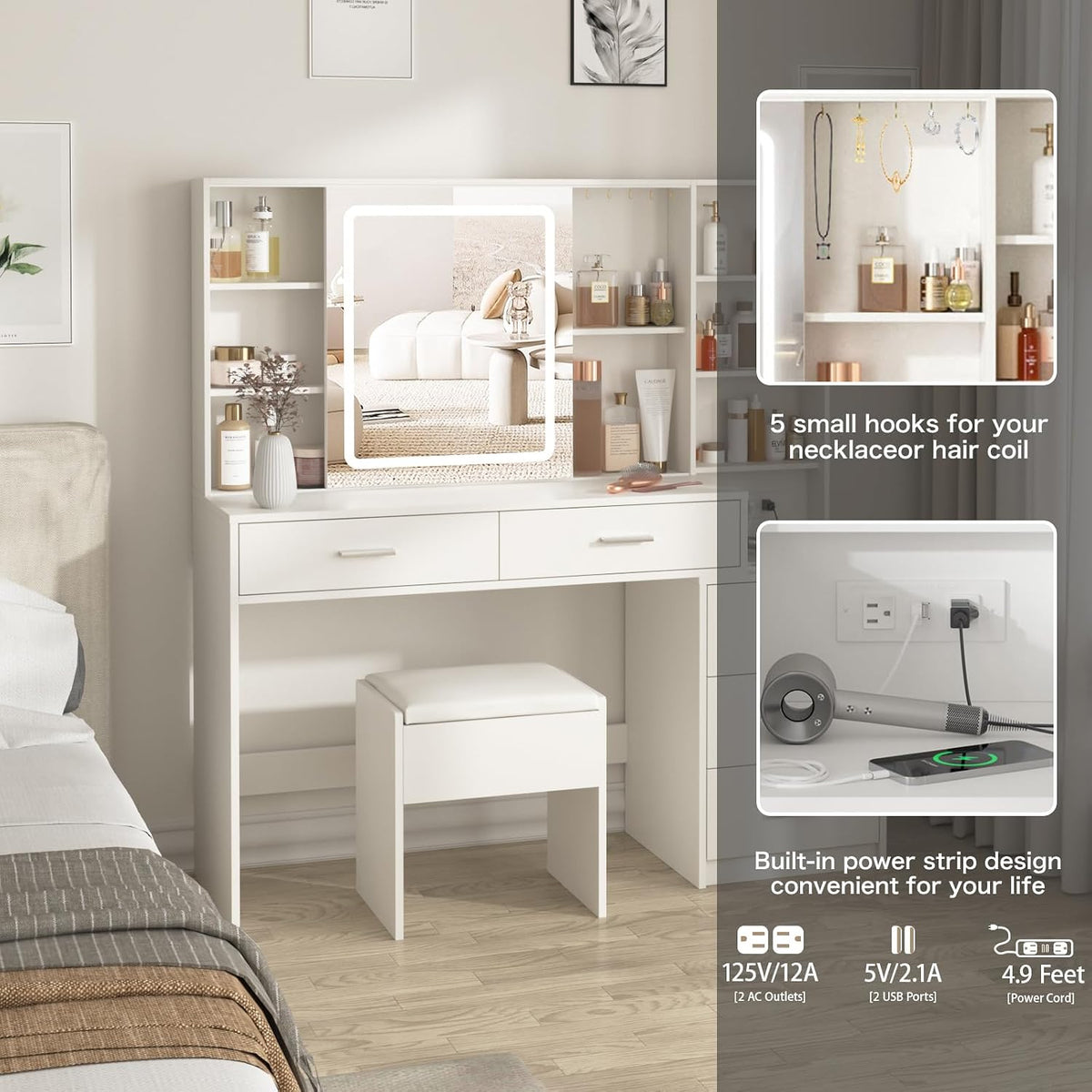 Vanity Desk with Mirror and Lights, Makeup Vanity with 5 Drawers, Makeup Desk with Charging Station and Ample