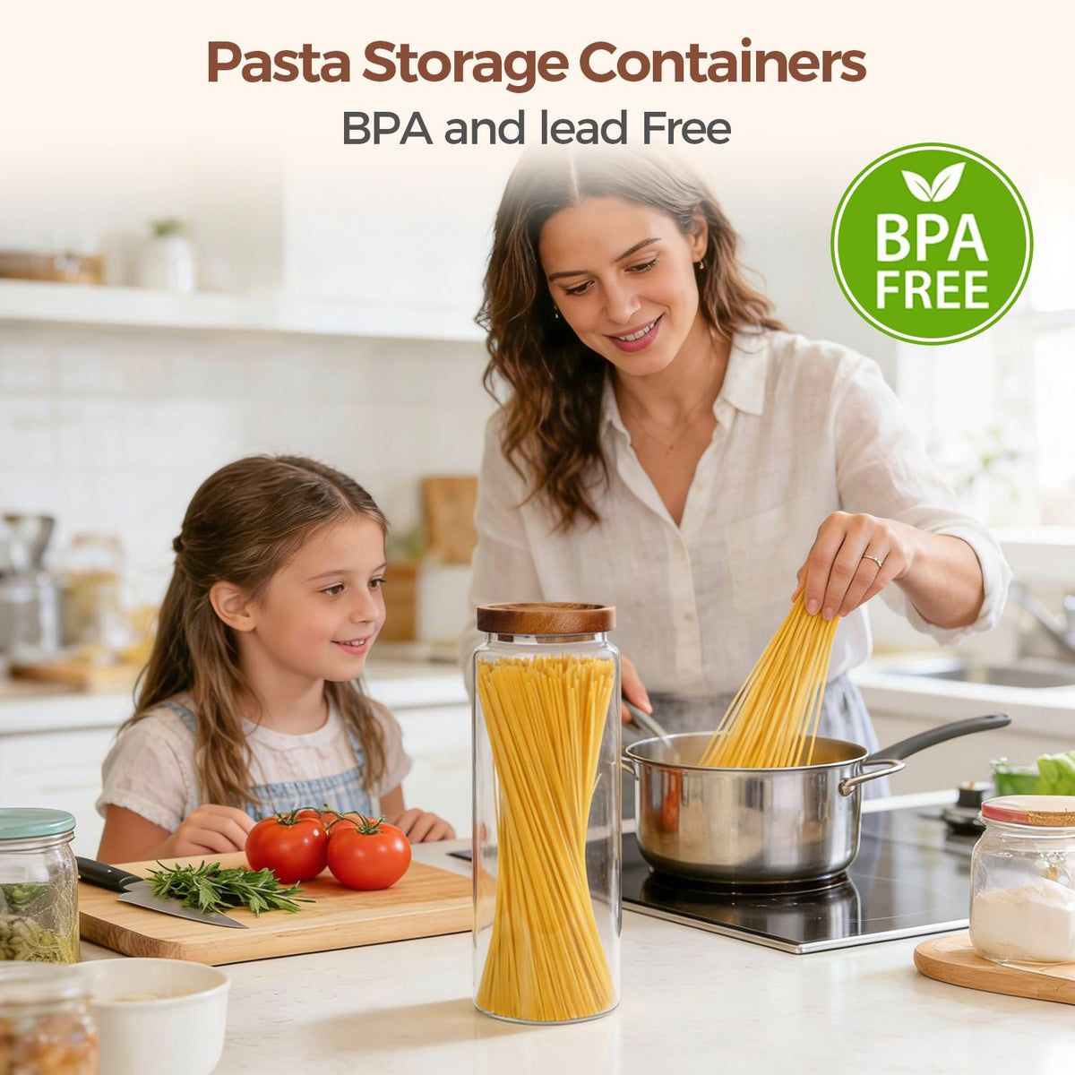 Glass Pasta Storage Containers with Acacia Wood Lids 1.7Qt 3Pack