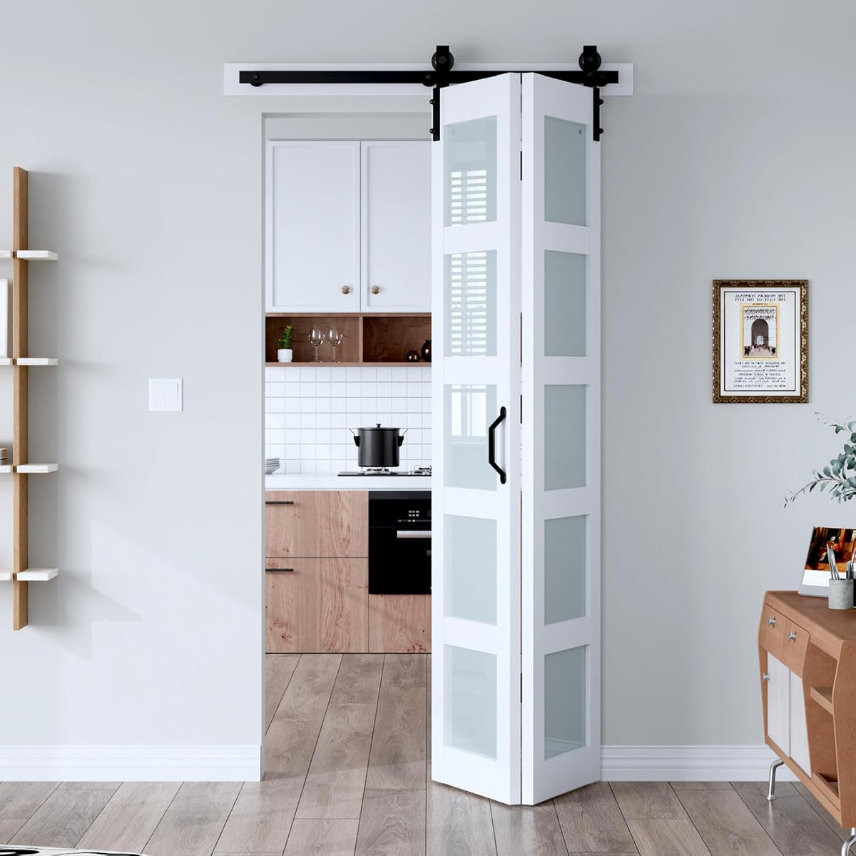 42"x 84" (Double 21" x 84") Bifold Barn Door, Bifold Sliding Barn Door with Hardware Kit, Solid MDF Wood Slab Covered