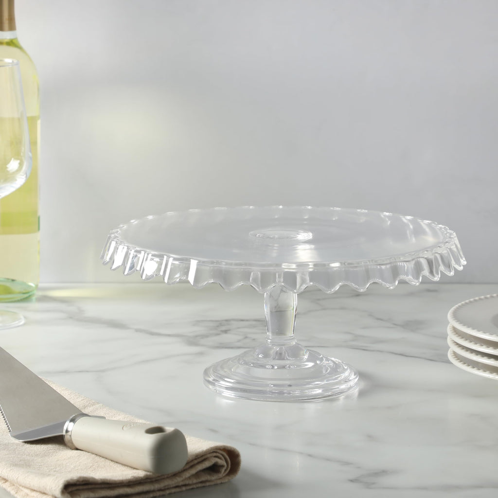 Watercrest Glass Cake Stand, 10.2 Inch Footed Pedestal Cake Plate with Scalloped Ruffled Edge, Clear Handmade
