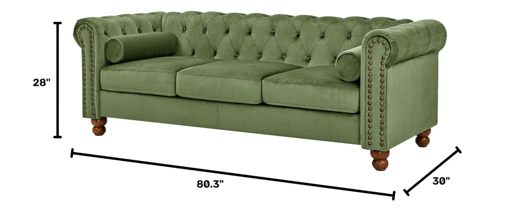 80.3" Green Velvet Chesterfield Sofa with Nailhead Trim, 3-Seater Couch