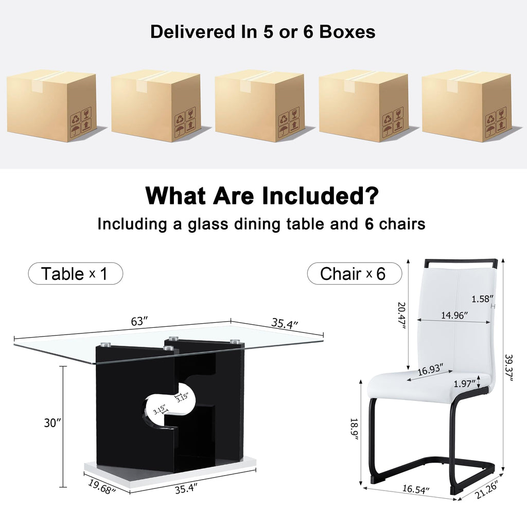 Glass Dining Table Set of 6, 63" Dining Room Table Set for 6, Modern