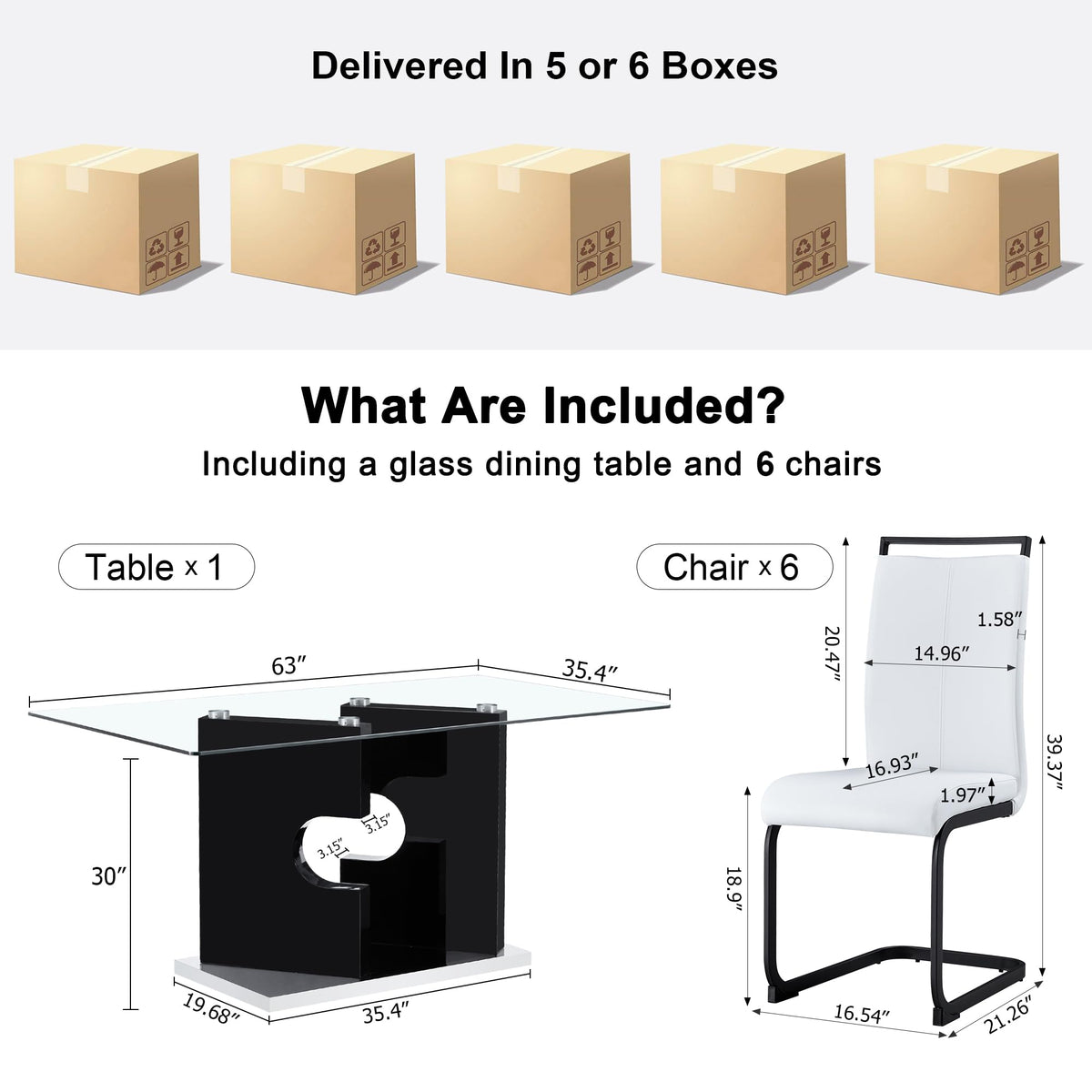 Glass Dining Table Set of 6, 63" Dining Room Table Set for 6, Modern