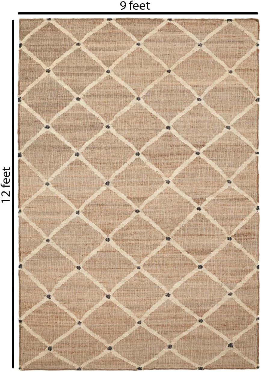 Hand Woven Jute Area Rug 9'x12' - Geometric Design (Natural)
