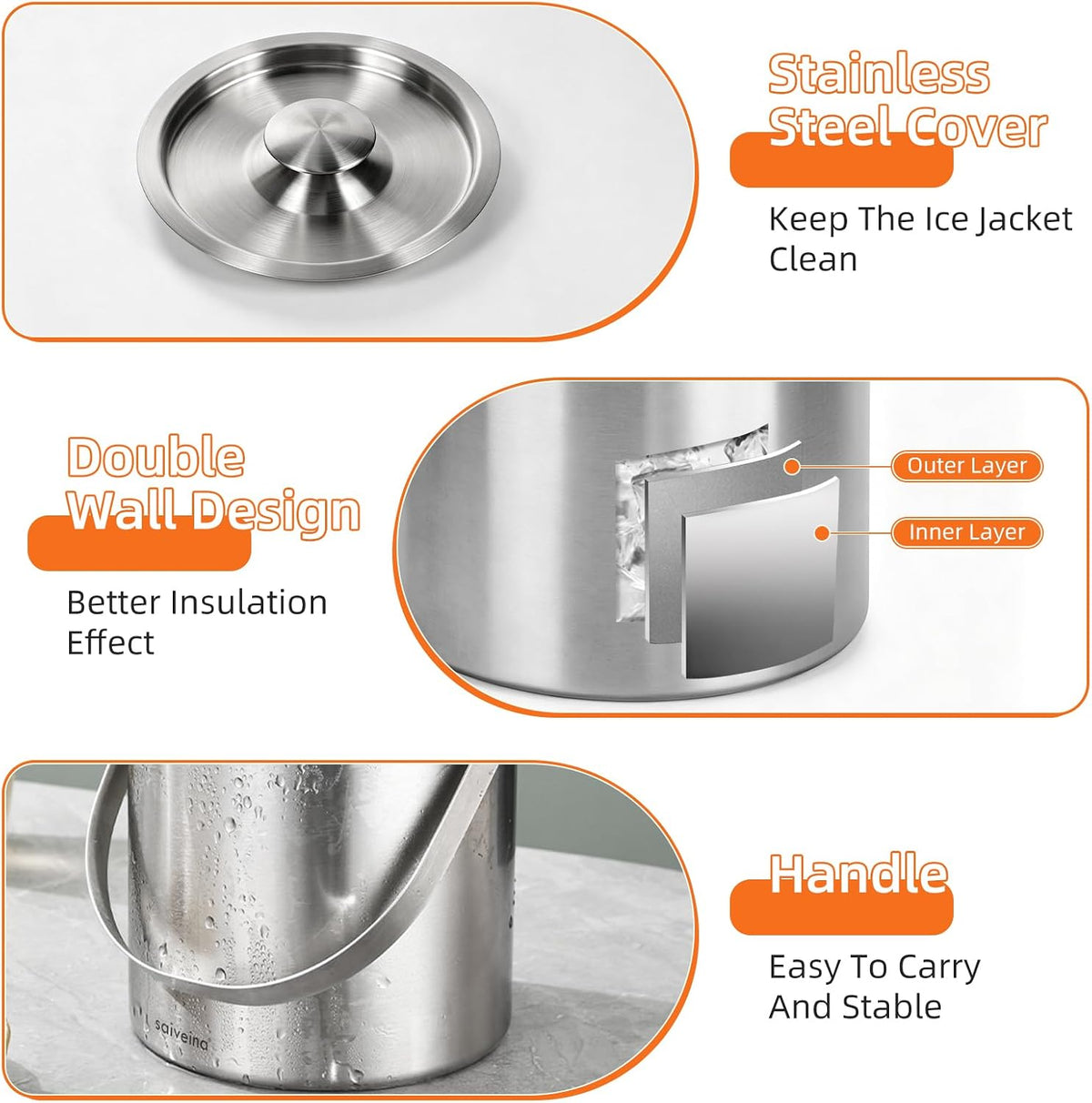3L Double-Wall Stainless Steel Ice Bucket with Lid, Scoop, Tongs & Handle - Insulated Ice Container for Parties, Bar