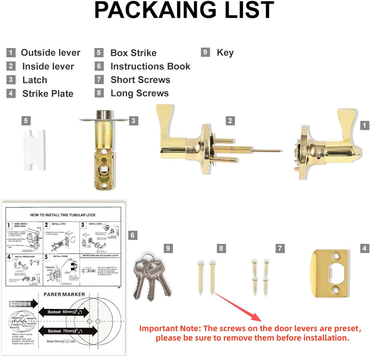 2 Pack Door Lever with Lock and Key, Gold Door Handle