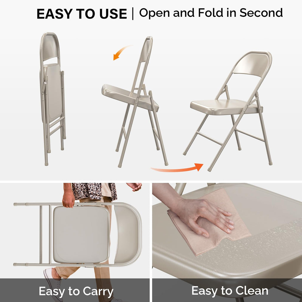 Folding Chairs All Steel Metal Frame, Capacity 350 lbs, Durable Portable and Versatile for Indoor Outdoor Use, Khaki