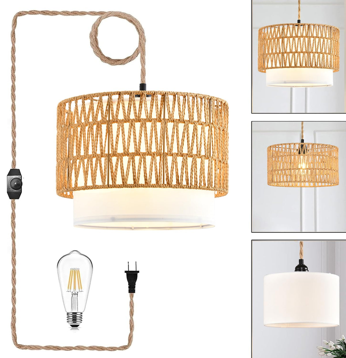 Boho Plug in Pendant Light Rattan Hanging Lights with Plug in Cord, Indoor Hanging Lamp with Dimmer Switch, Wicker