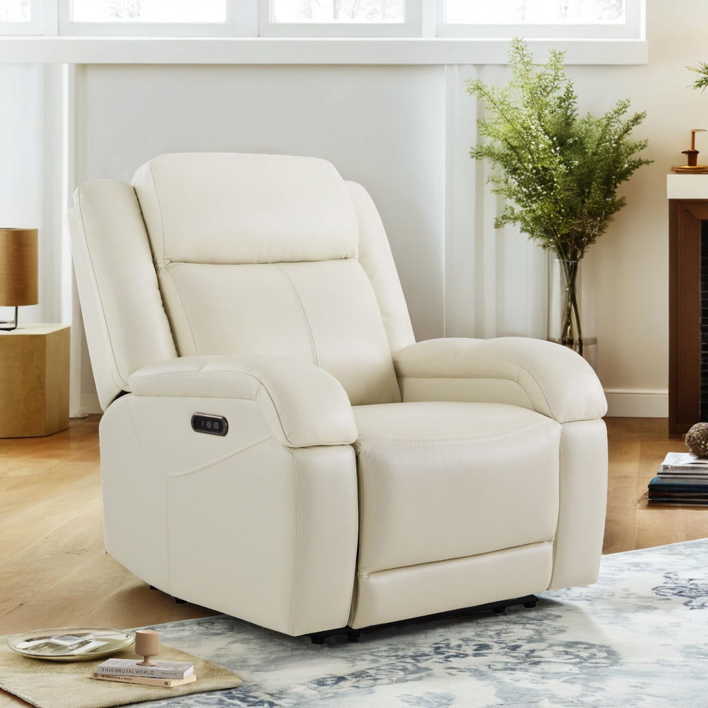Oversized Genuine Leather Power Recliner Chair, Cream