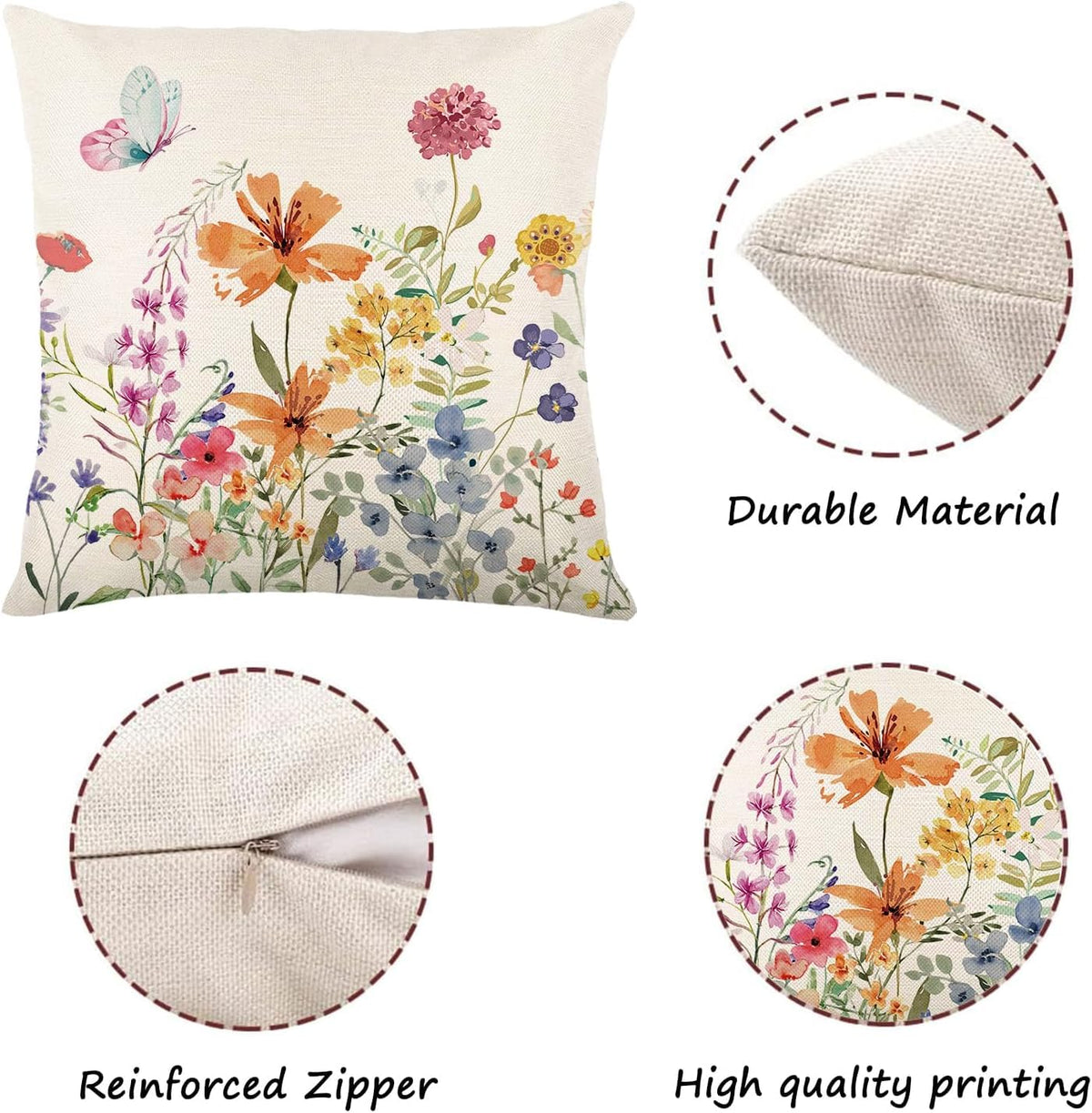 Spring Summer Pillow Covers 20x20 Set of 4, Floral Seasonal Summer Outdoor Decoration Pillowcase Linen Cushion Cover