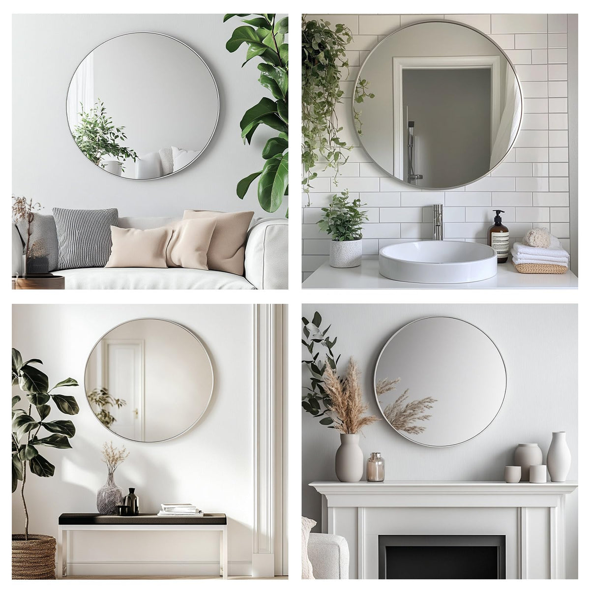 Round Mirror, 24 inch Silver Circle Mirror,Bruhsed Nickel Metal Frame