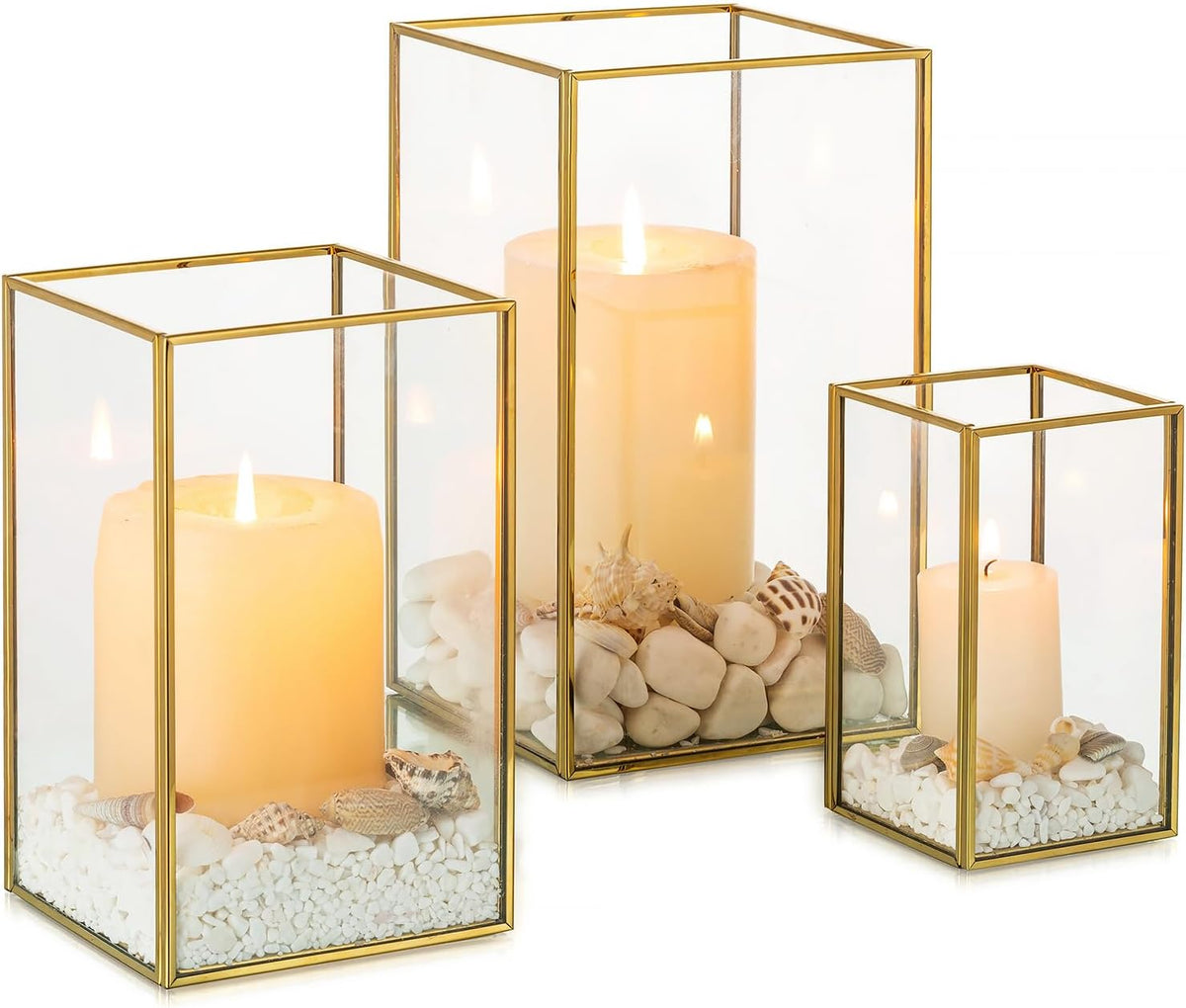 Hurricane Glass Candle Holders: 3Pcs Gold Lanterns Candle Holder for Pillar Candles Geometric Table Centerpiece