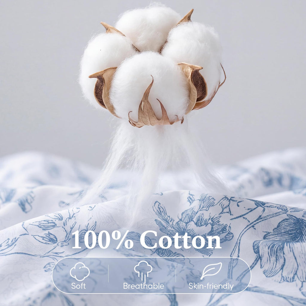 Blue Floral 100% Cotton Duvet Cover, Farmhouse Comforter Cover