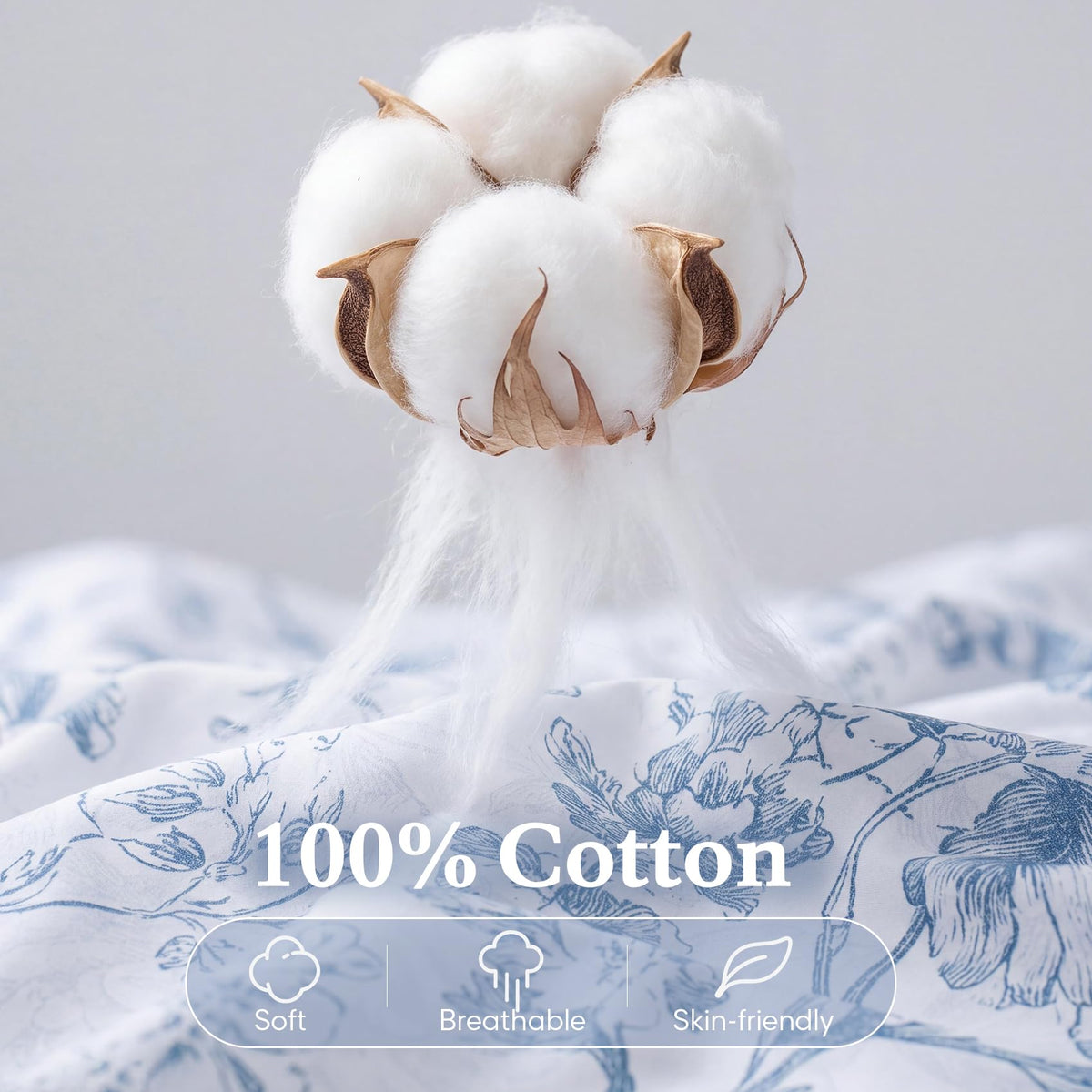 Blue Floral 100% Cotton Duvet Cover, Farmhouse Comforter Cover