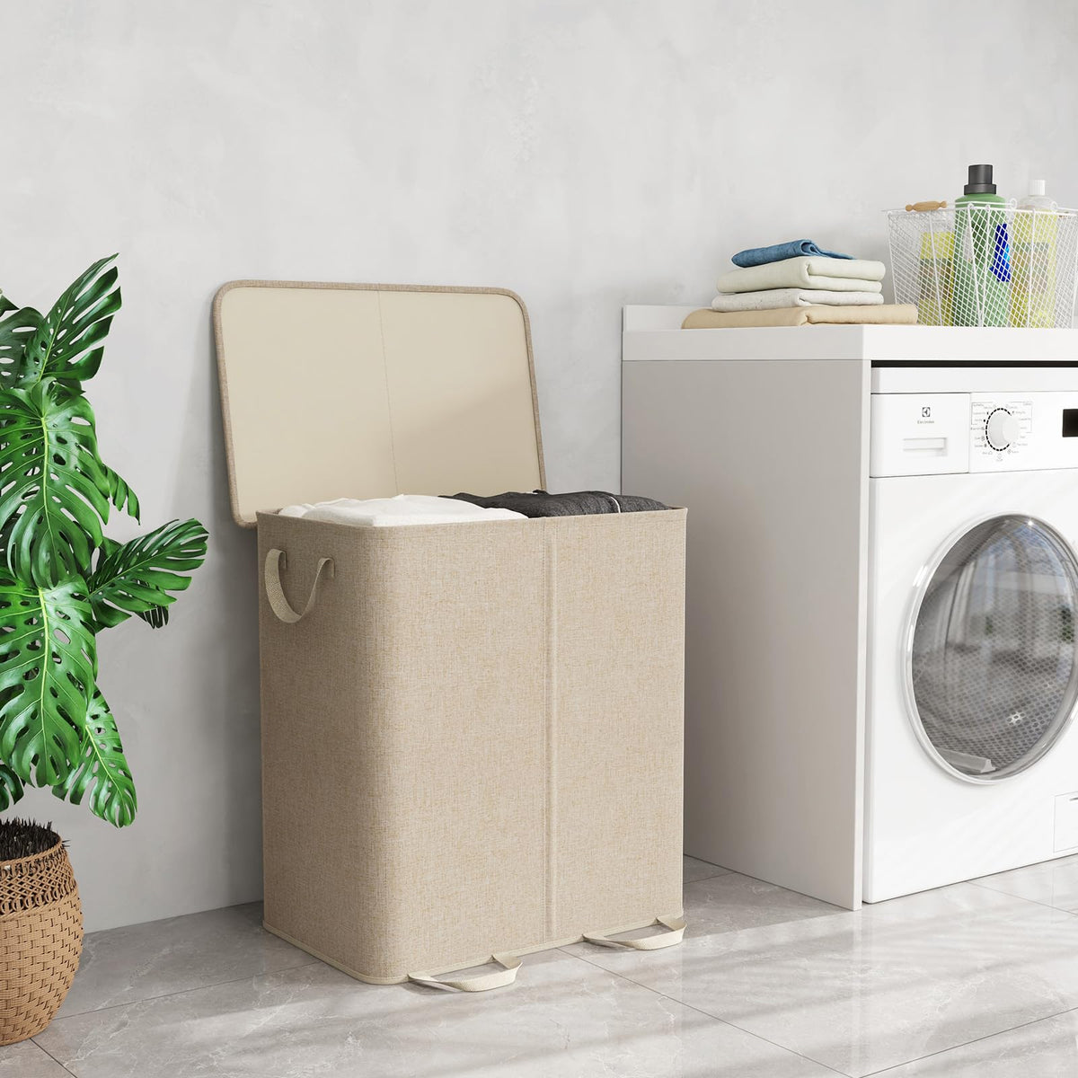 Double Laundry Hamper with Lid, Removable Laundry Bags, Beige