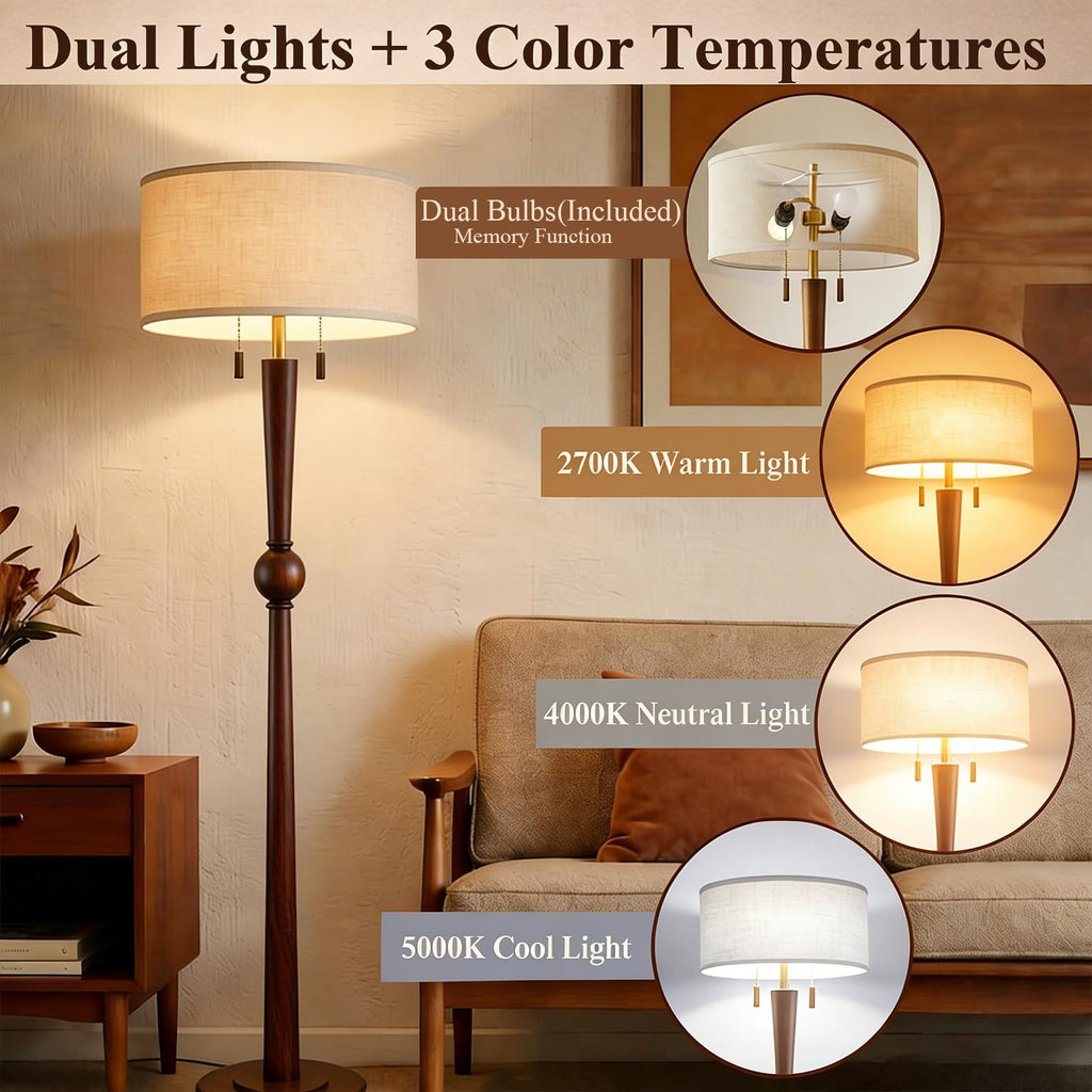 Solid Wood Floor Lamp with Wooden Pull Chains