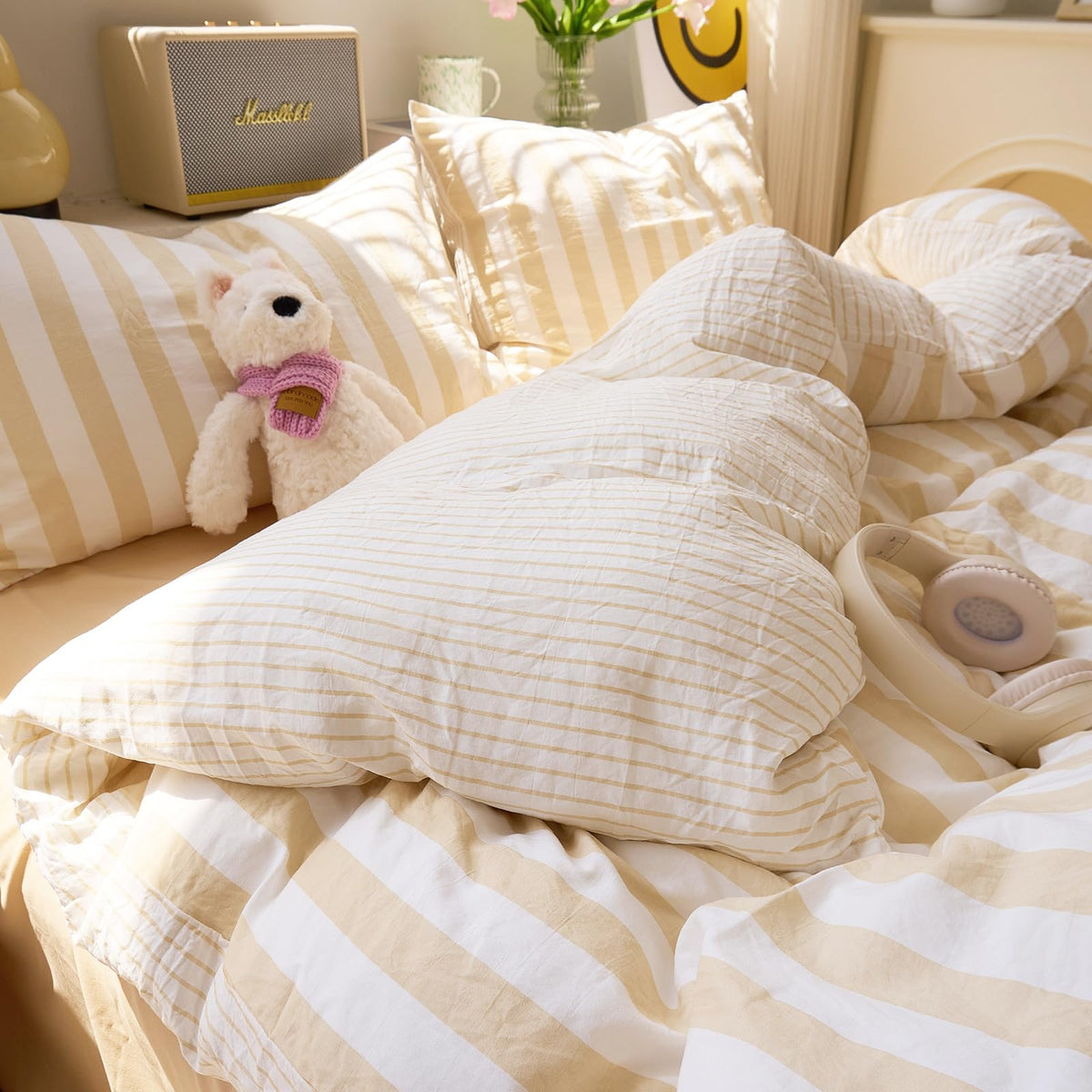 Boho Beige Striped Duvet Cover Soft Washed Microfiber 3-Piece