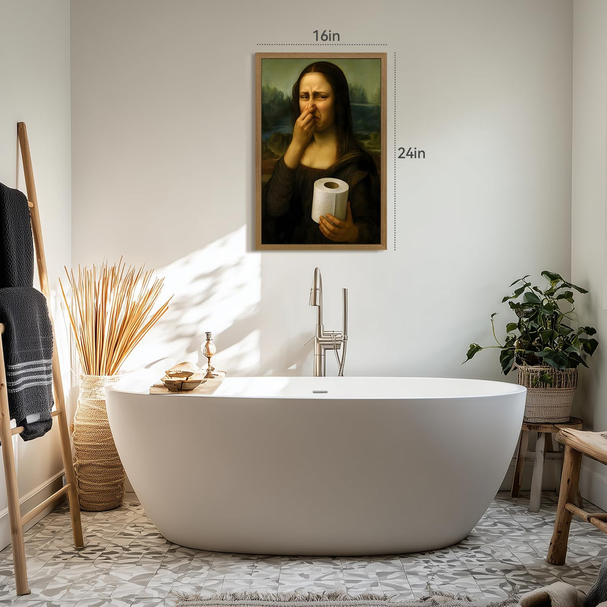 Wood Framed Funny Pinching Nose Mona Lisa Bathroom Wall Art 12x16 in