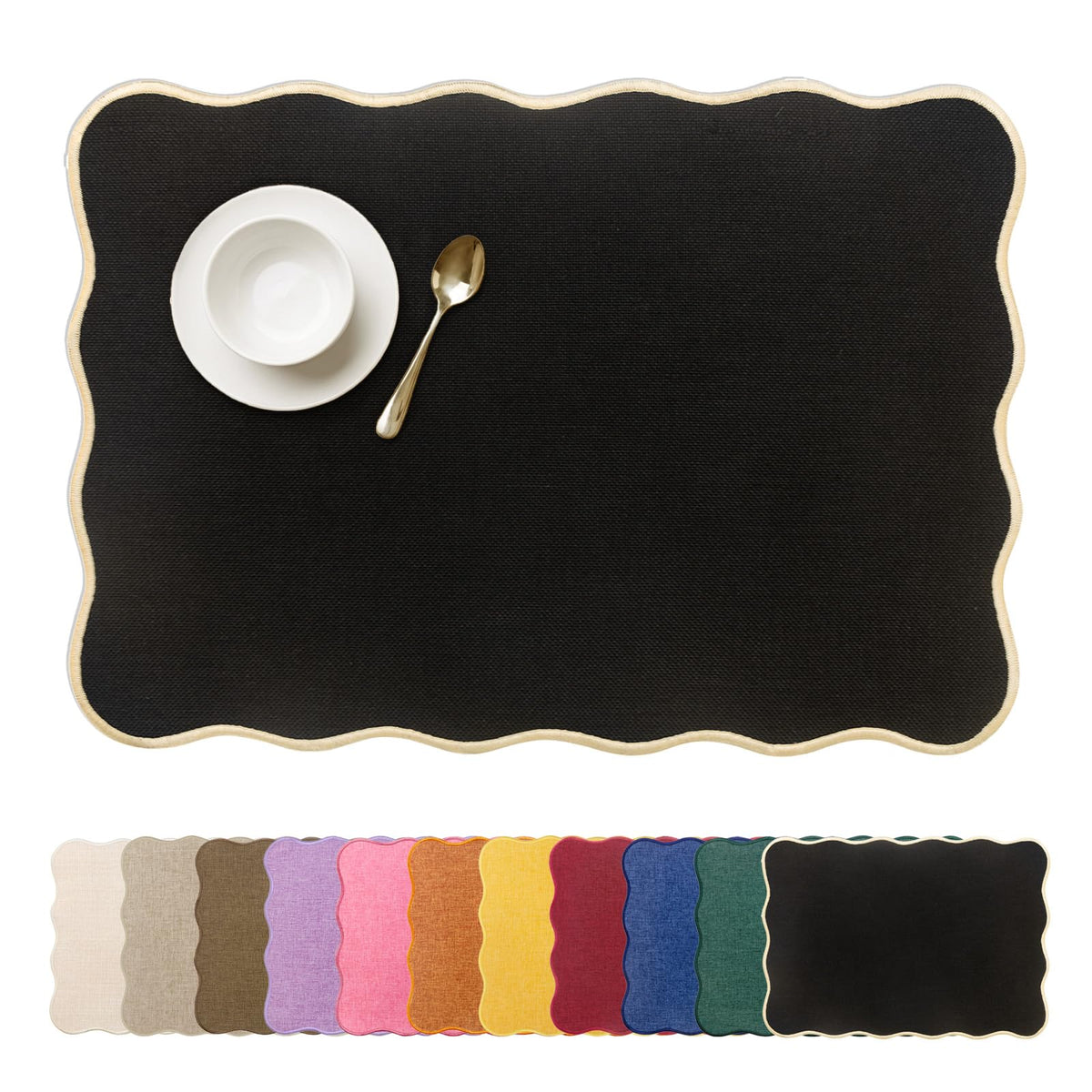 Faux Linen Placemats Set of 4 Scalloped Washable Heat Resistant Non-Slip Stain Proof Table Mats Dining Elegant Decor