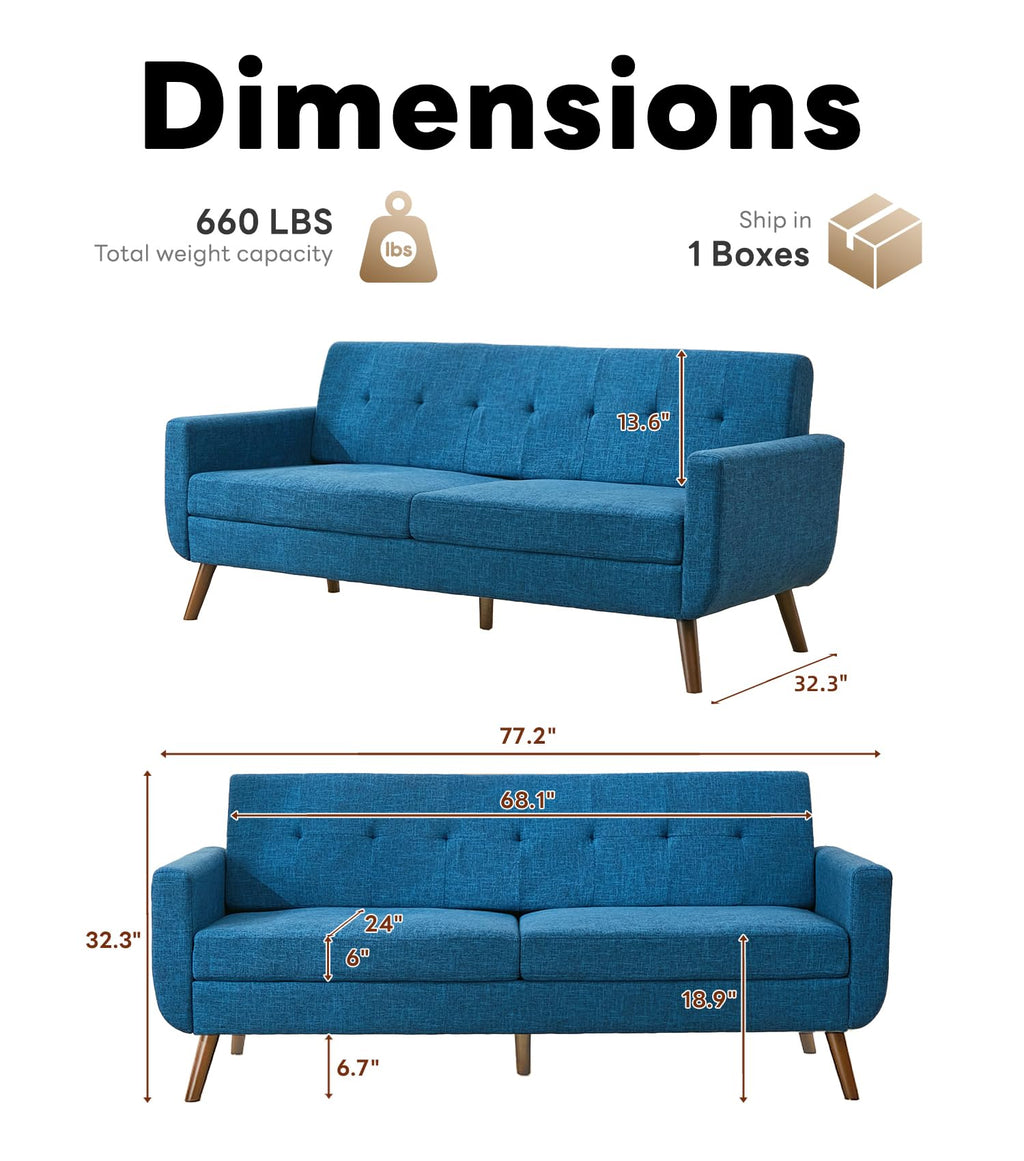 77.2" W Linen Sofa Couch, Mid Century Modern Decor Loveseat Couches, Button Tufted Upholstered Small Couch, Solid