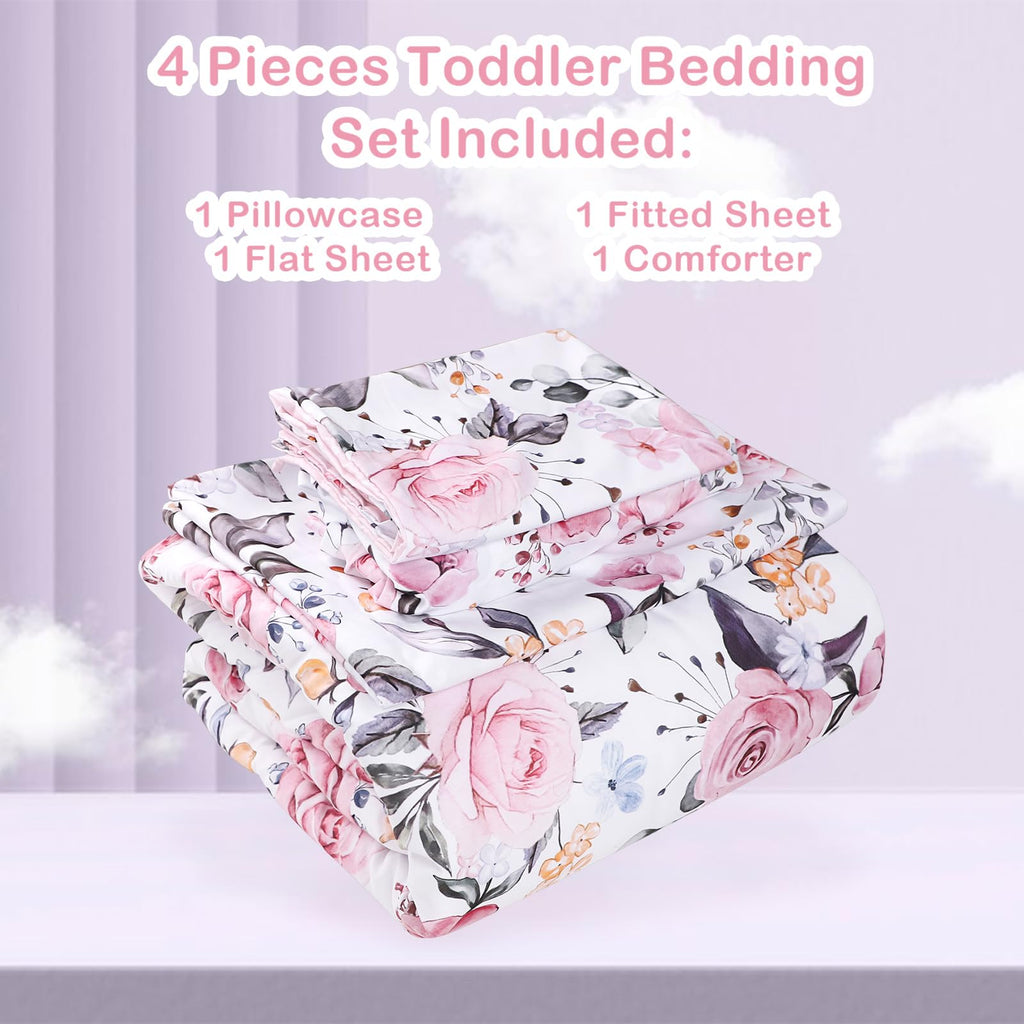 Toddler Bedding Set for Girls, 4 Piece Soft & Breathable Floral Crib Bedding Set, Bed-in-A-Bag Toddler Microfiber