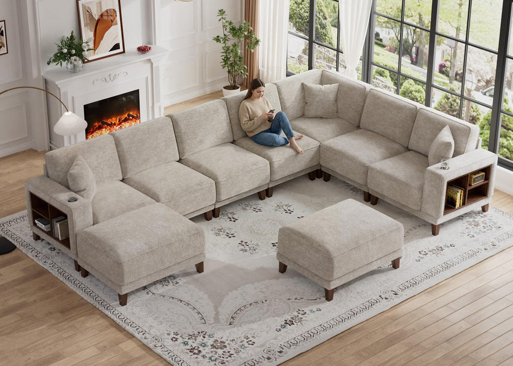Oversized Modular Sectional Sofa, 9-Seat Deep Seat Sofa with Ottoman, USB Ports, Hidden Cup Holders, Side Storage