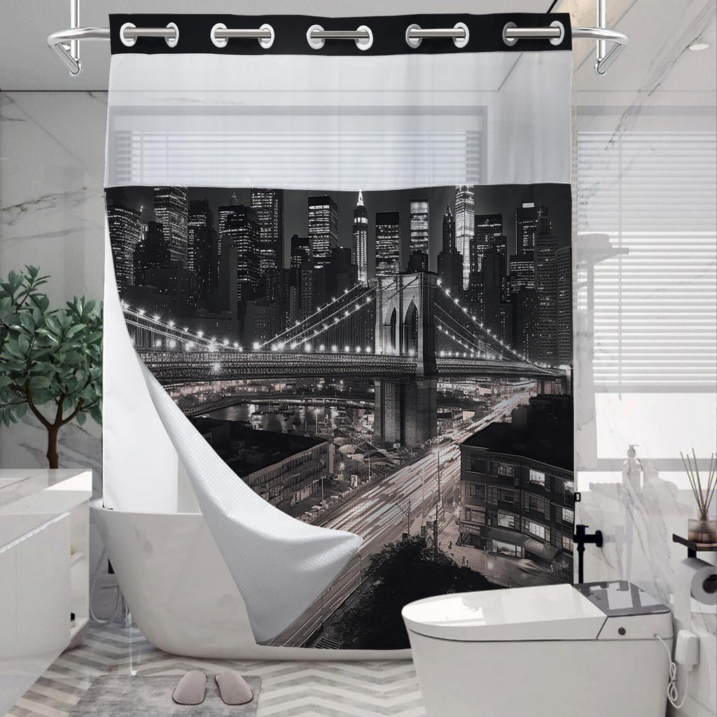 Farbic New York City Waffle Weave Shower Curtain Black Set No Hook Required Hotel Style with Snap in Liner Double