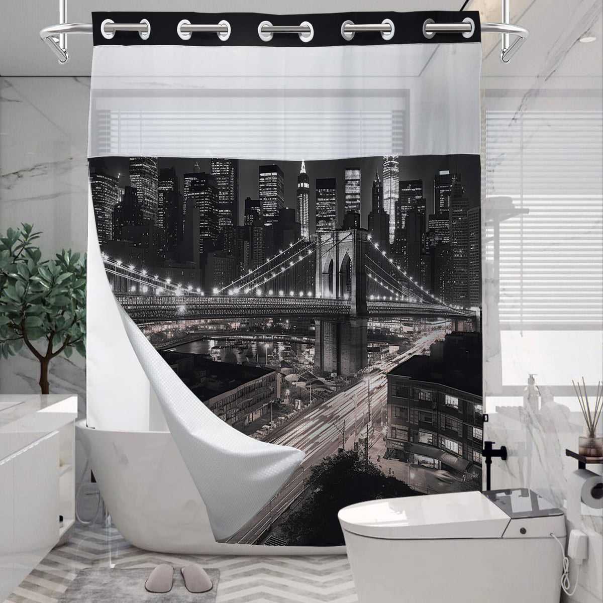 Farbic New York City Waffle Weave Shower Curtain Black Set No Hook Required Hotel Style with Snap in Liner Double
