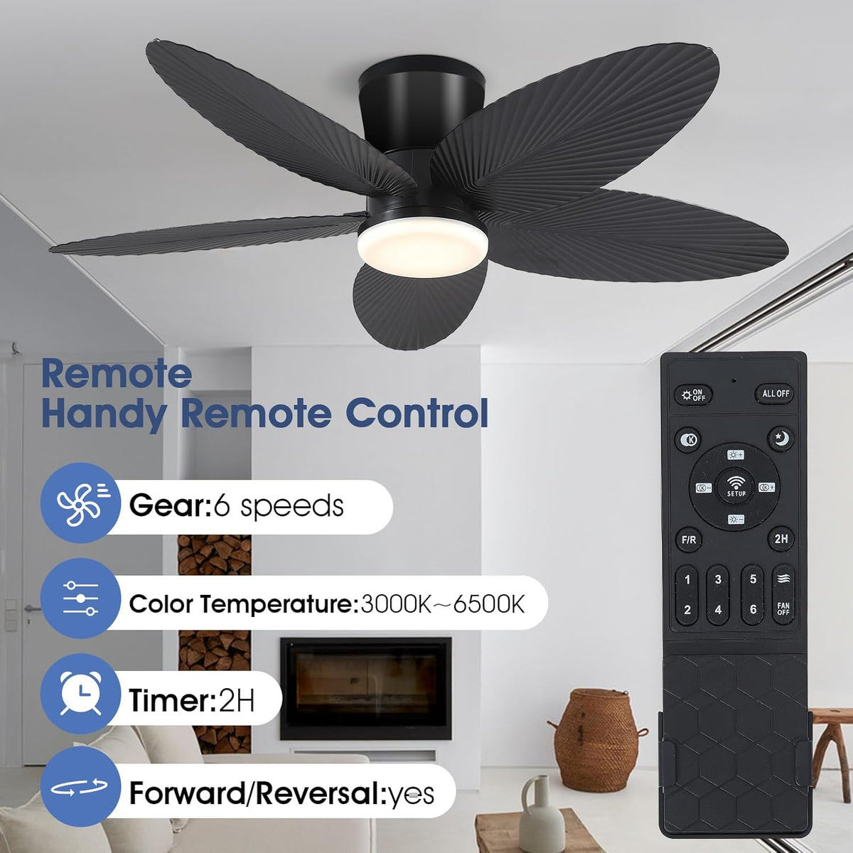 Palm Leaf Ceiling Fans with Lights-42 Tropical Ceiling Fan with Light and Remote/APP Control,Flush Mount Low Profile Black Ceiling Fans for Bedroom,Indoor/Outdoor Patio Use