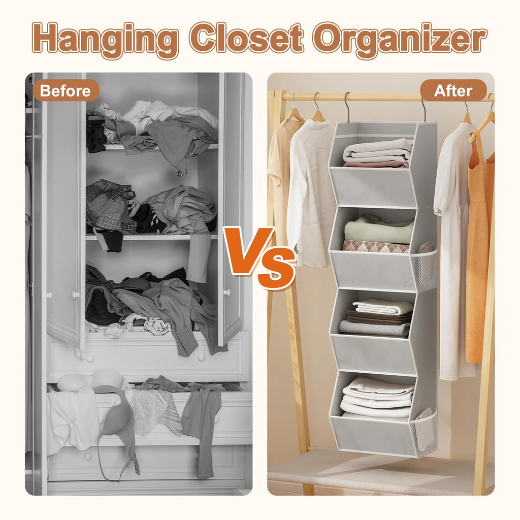 Closet Organizers and Storage Hanging with Mesh Pockets for Clothes, Grey