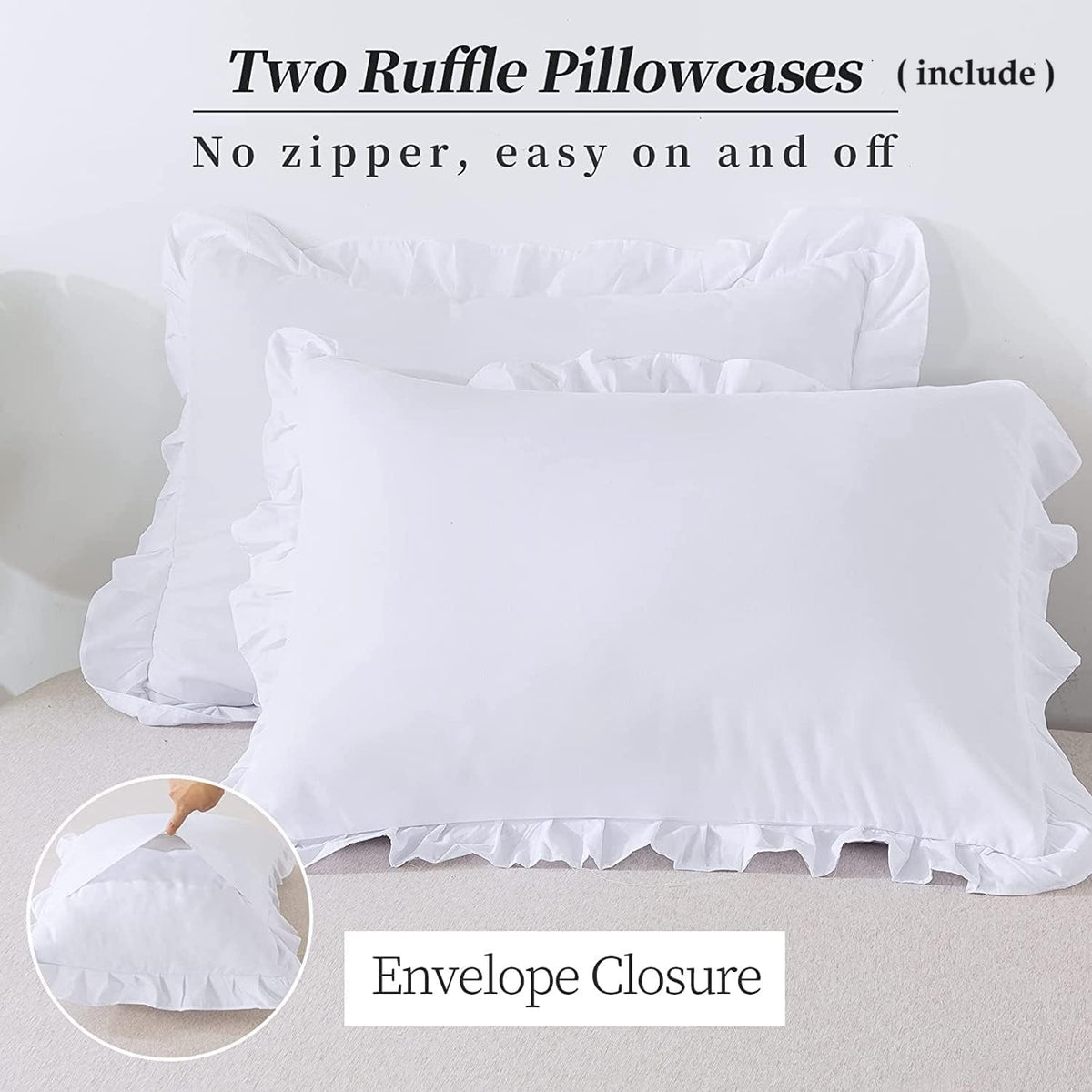 1000-TC Hypoallergenic Ultra Soft Design 100% Egyptian Cotton Ruffle Duvet Cover with Zipper Colser & 2pcs Pillow