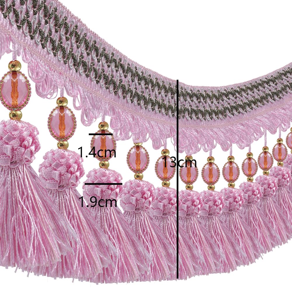 Pom Pom Curtain Fringe Trim Beads Ball Tassel Trimming Sewing Ribbon Upholstery Fabric (Pink) - 3yards