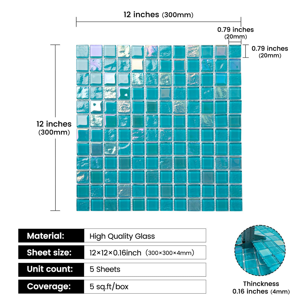 Glass Mosaic Tile Vanadium Blue 12 x 12 Inch Glossy Glass Tile for Swimming Pool Kitchen Backsplash Shower Waterline