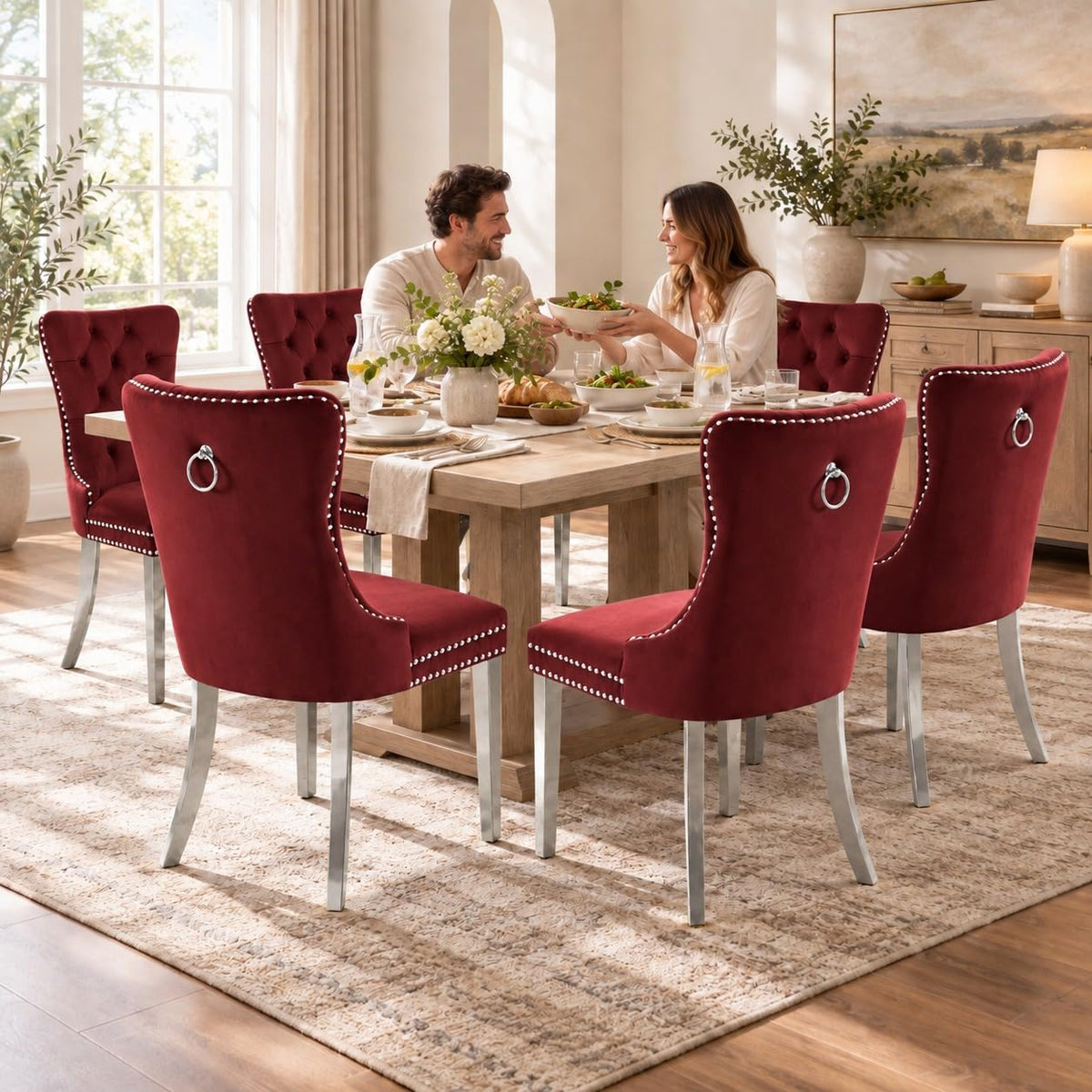 Mid Century Modern Dining Chairs Set of 4, Velvet Upholstered Kitchen & Dining Room Chairs with Nailhead Trim &