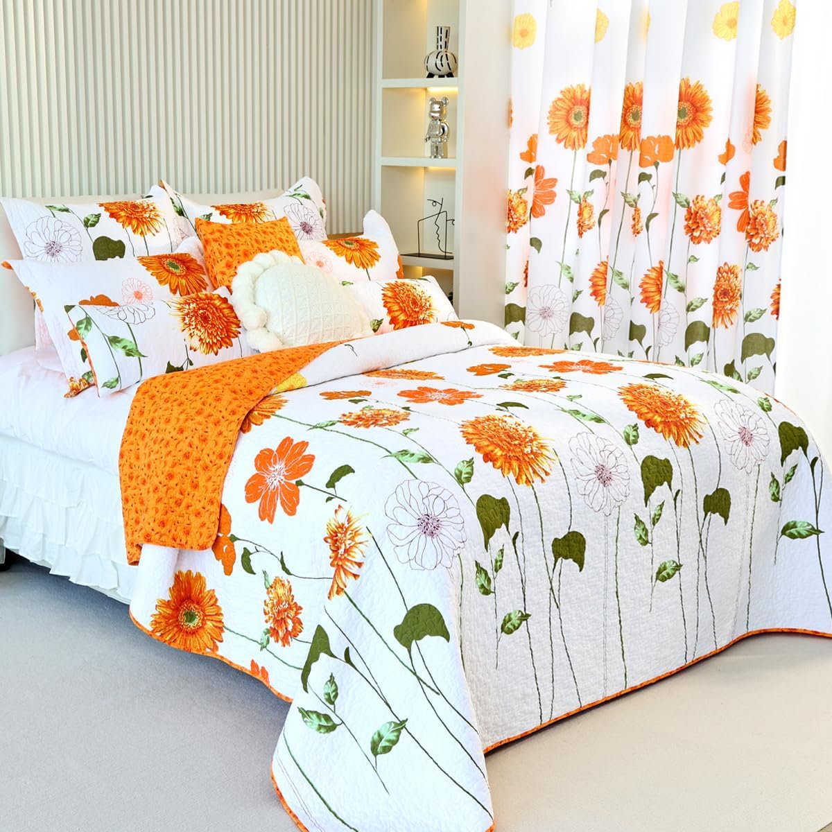 100% Cotton Quilt Set Orange Sunflower Floral Bedding Sets with Pillow Shams Breathable Lightweight