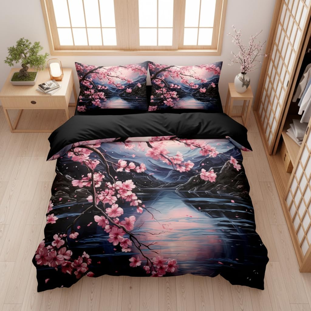 Cherry Blossoms Bedding Set Queen Size, Black Pink Japanese Comforter Set for Girls, 3Pcs Soft Microfiber Quilted Set