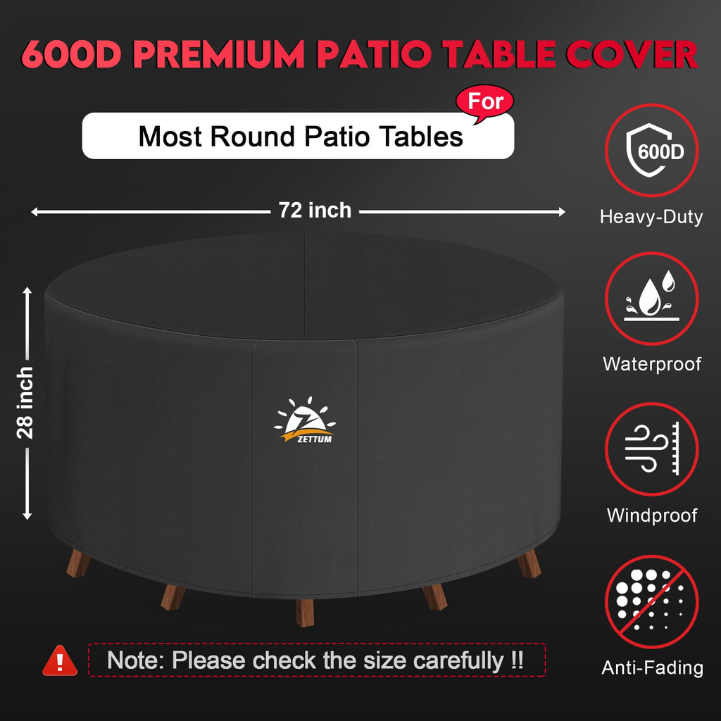 Round Patio Table Cover 72 Inch - 600D Outdoor Furniture Cover Round Waterproof & Heavy Duty, Lawn Furniture Set
