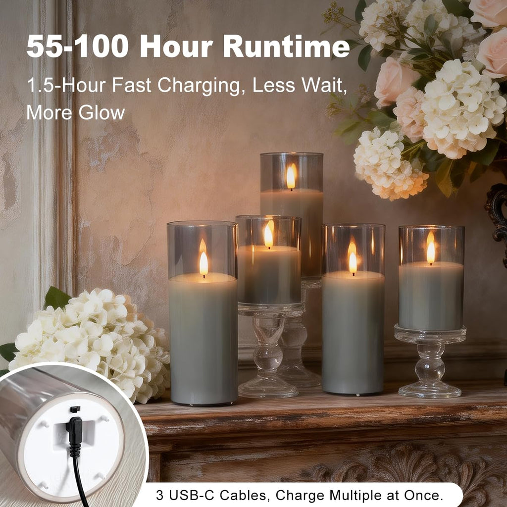 Rechargeable Flameless Candles, Realistic Flickering LED Flame, Real Wax Candle with Remote Control and Timer, Clear