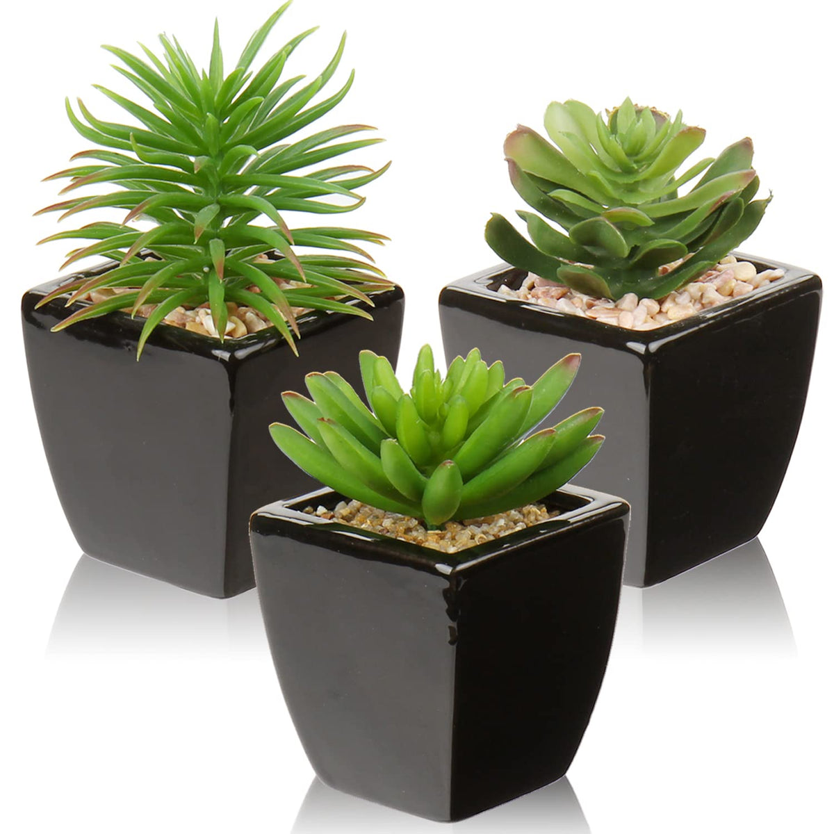 Small Succulents Artificial 3 Pcs Faux Succulents in Pots Fake Succulent Plants with Black Ceramic Pots for Modern